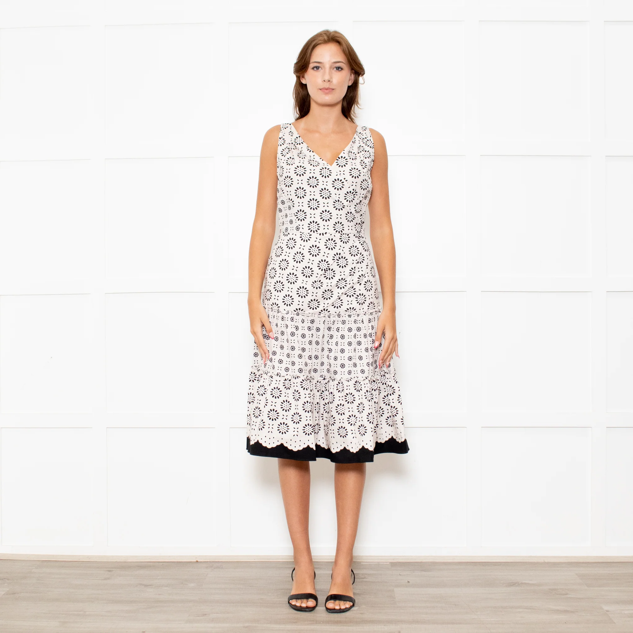 Oscar De La Renta Cream Black Flower Print Tiered Dress