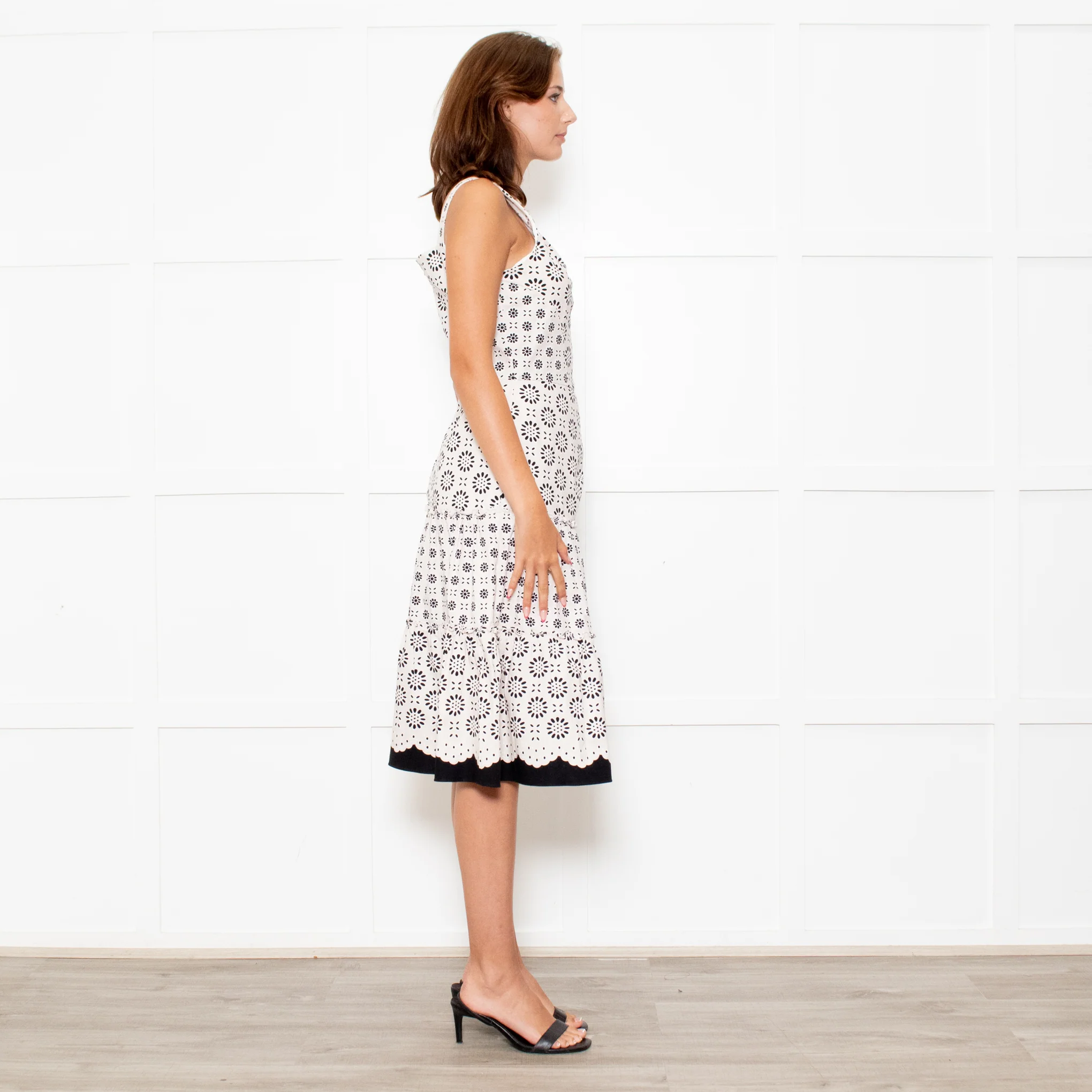 Oscar De La Renta Cream Black Flower Print Tiered Dress - Image 5