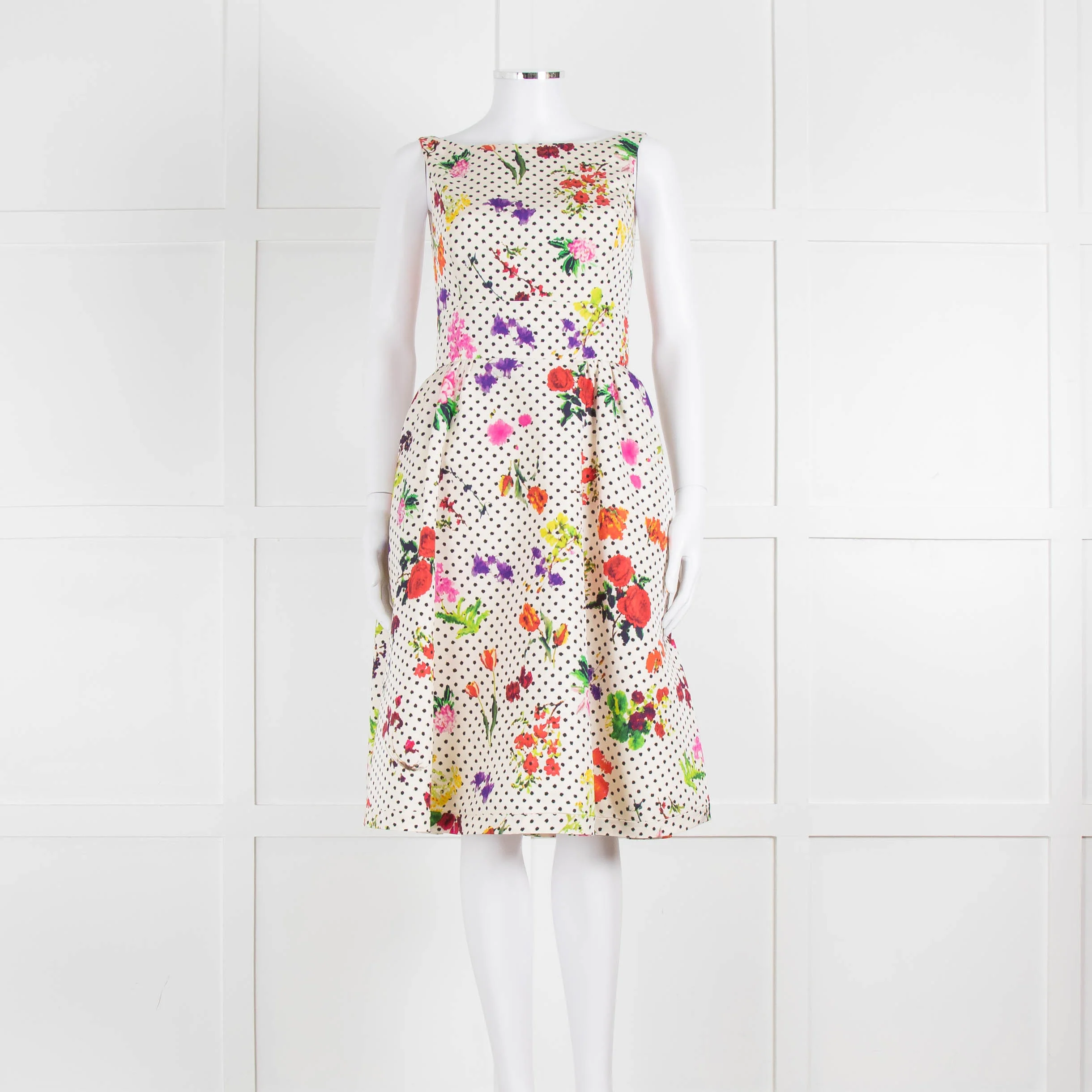 Oscar De La Renta Cream Black Polka Dot Floral Sleeveless Dress