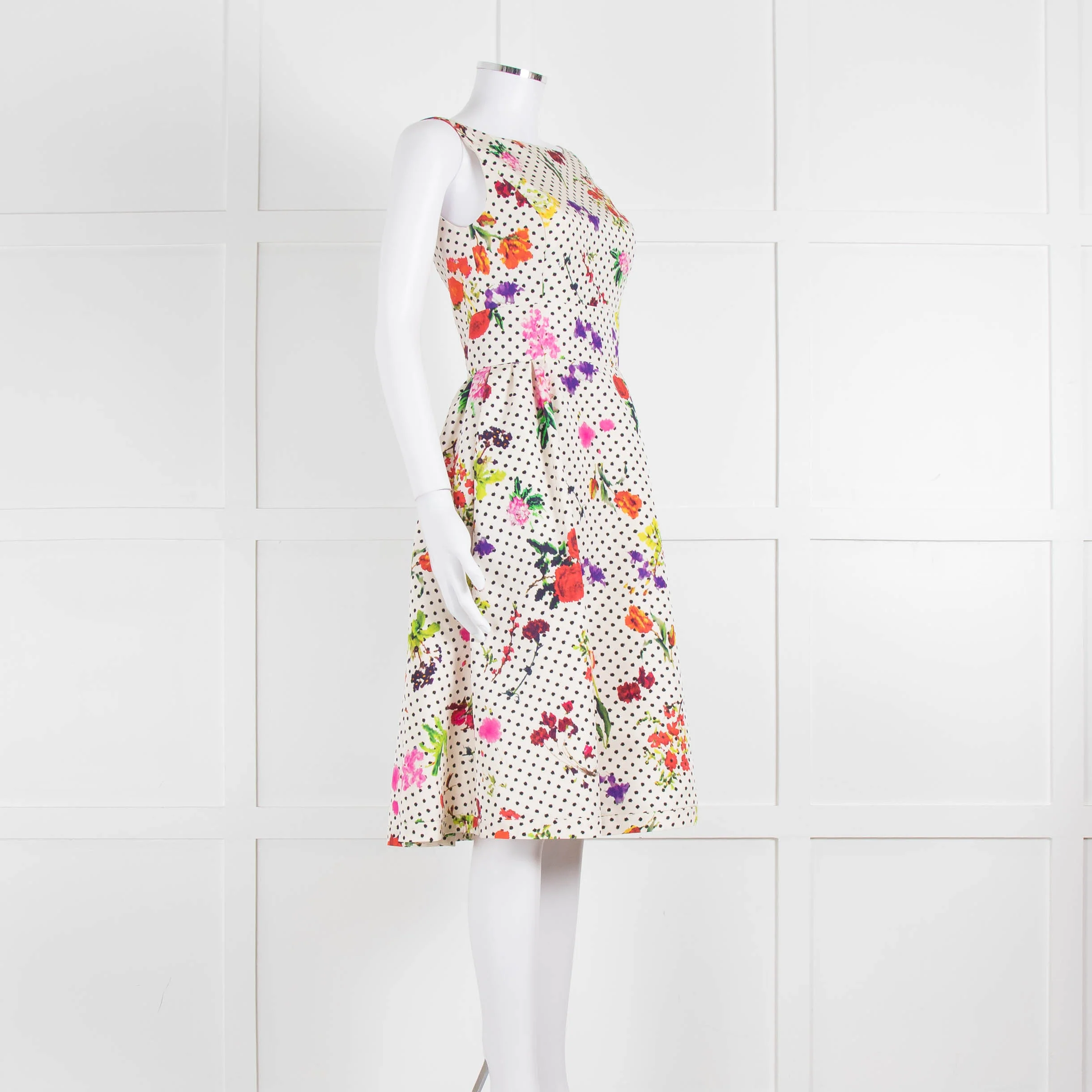 Oscar De La Renta Cream Black Polka Dot Floral Sleeveless Dress - Image 2