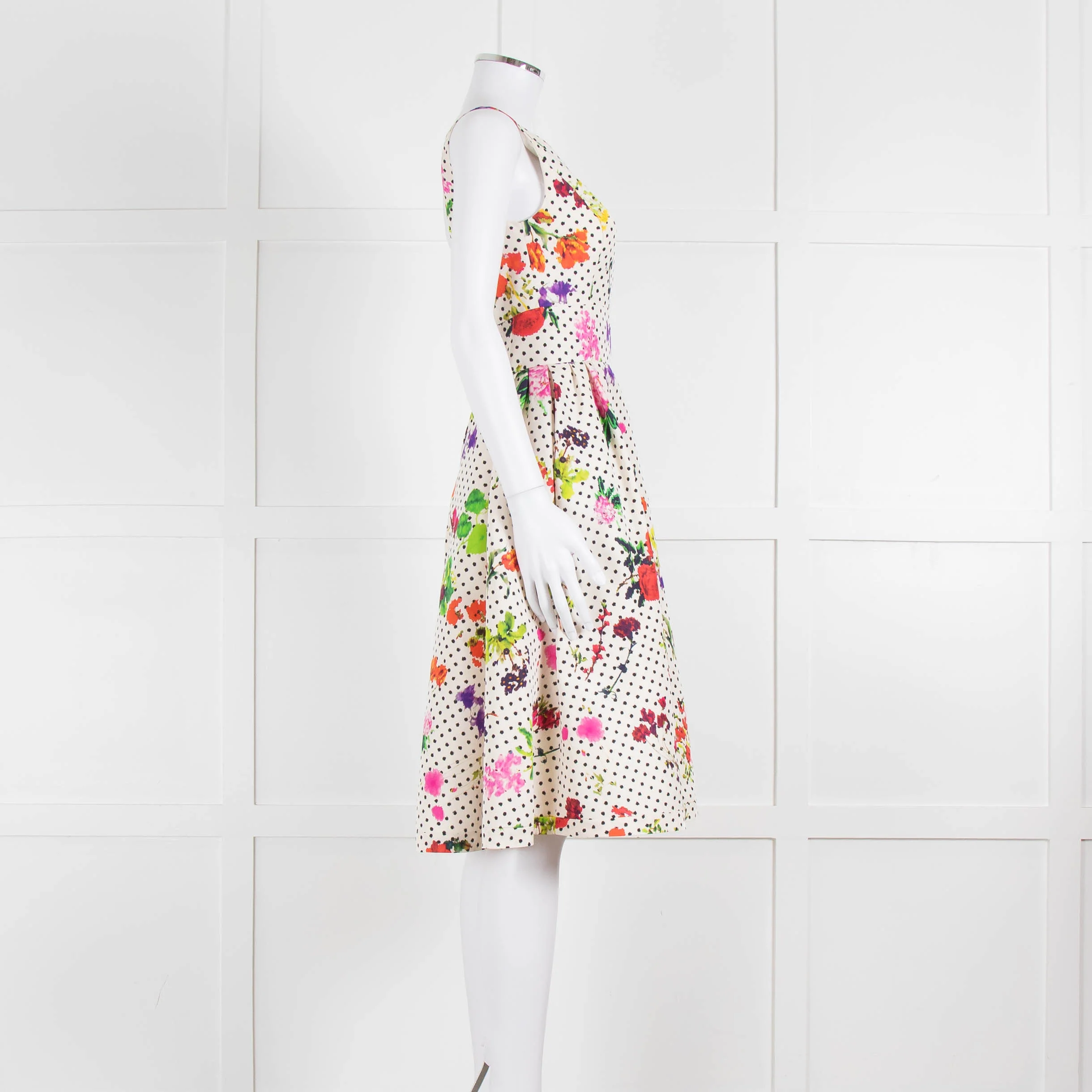 Oscar De La Renta Cream Black Polka Dot Floral Sleeveless Dress - Image 3