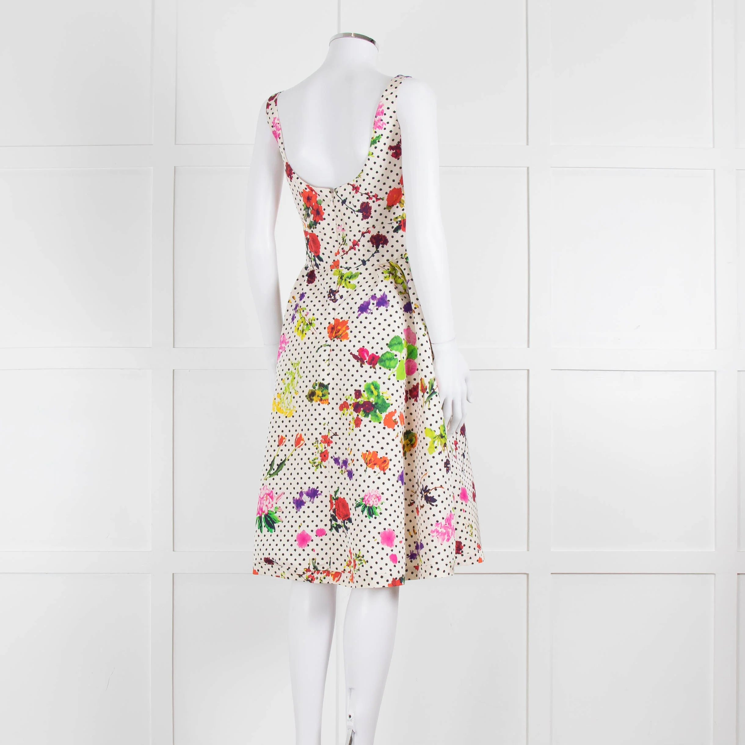 Oscar De La Renta Cream Black Polka Dot Floral Sleeveless Dress - Image 4