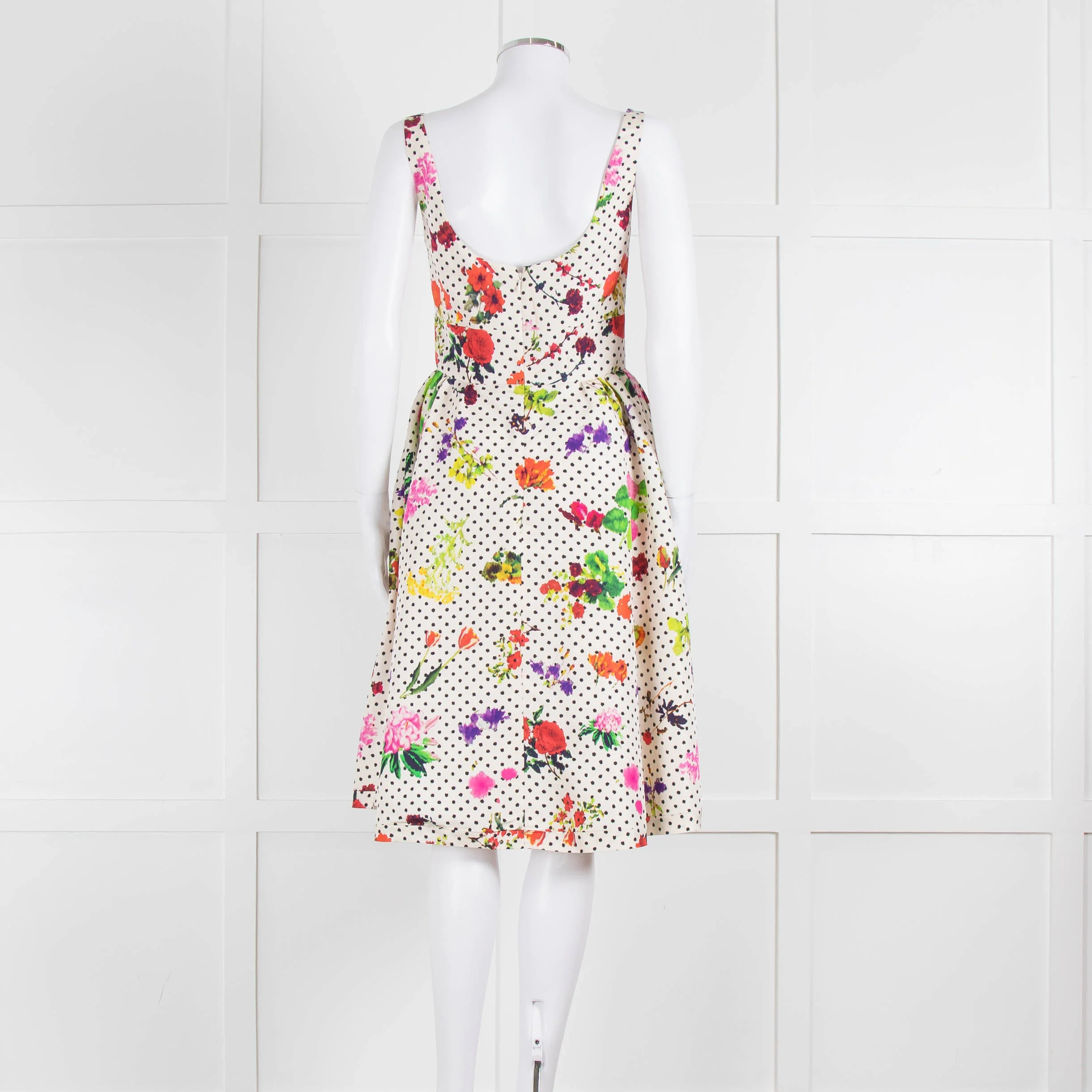 Oscar De La Renta Cream Black Polka Dot Floral Sleeveless Dress - Image 5