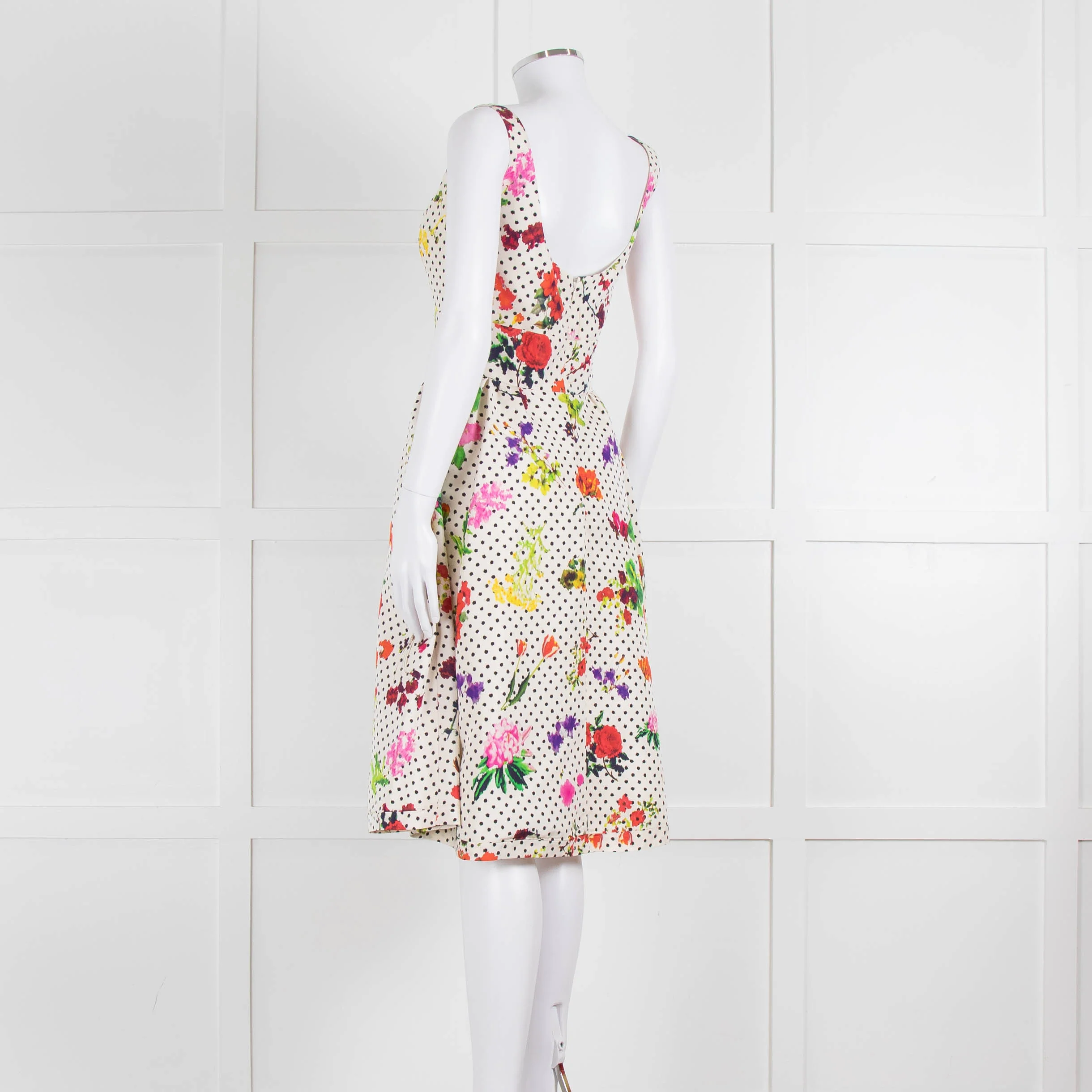 Oscar De La Renta Cream Black Polka Dot Floral Sleeveless Dress - Image 6