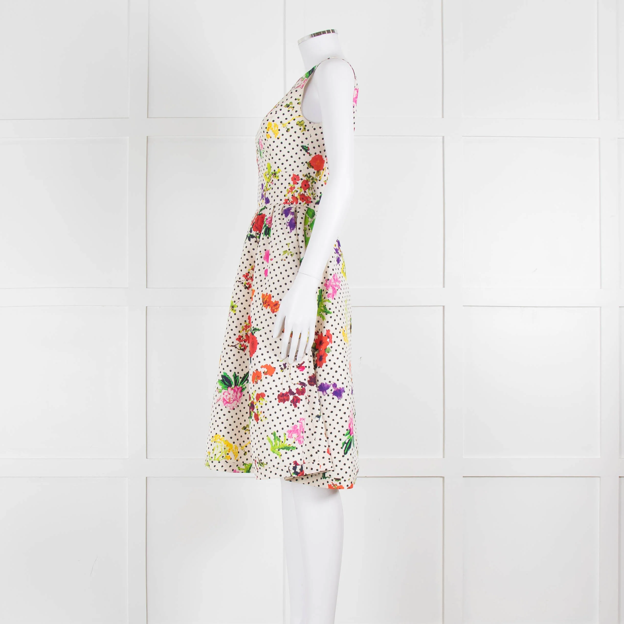 Oscar De La Renta Cream Black Polka Dot Floral Sleeveless Dress - Image 7