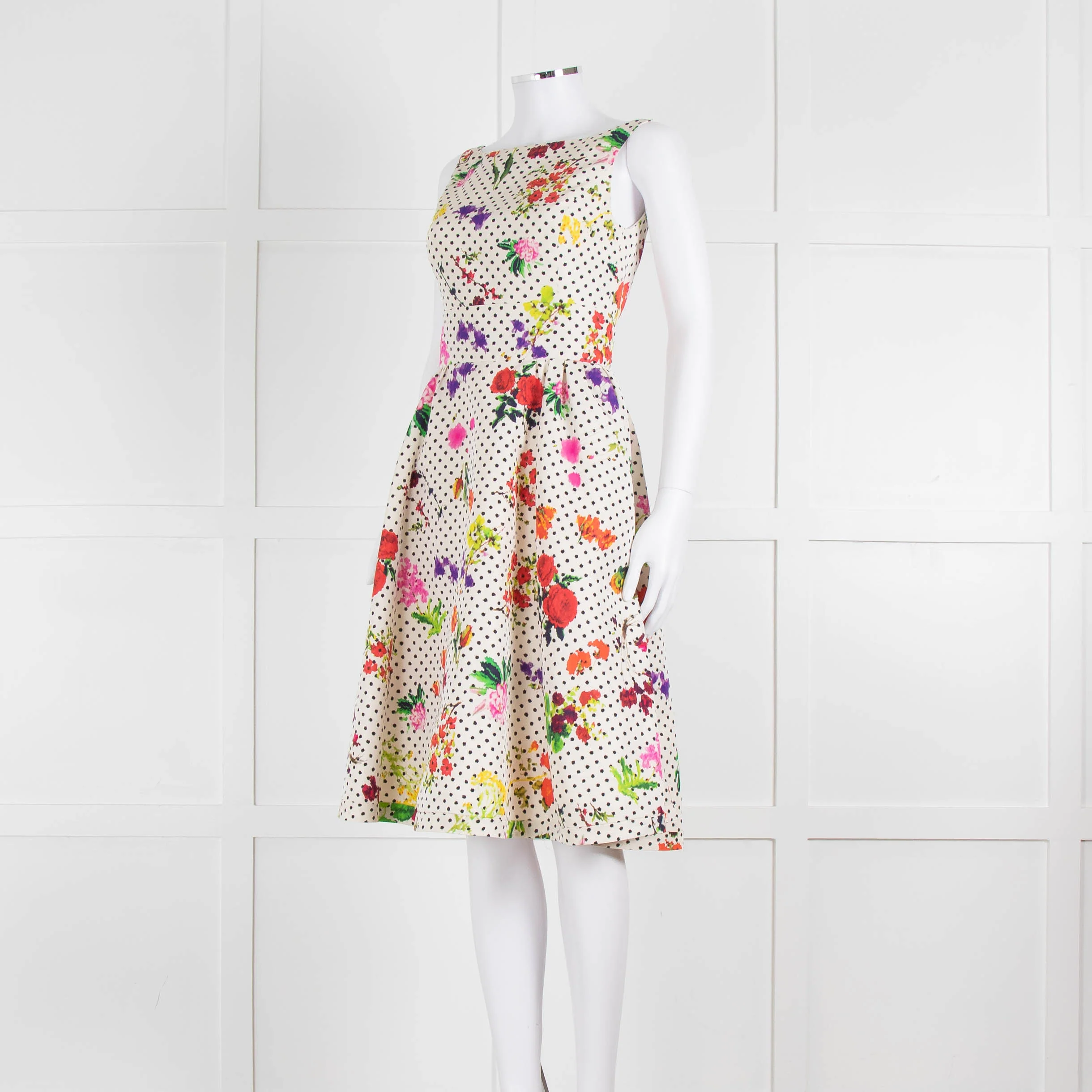 Oscar De La Renta Cream Black Polka Dot Floral Sleeveless Dress - Image 8