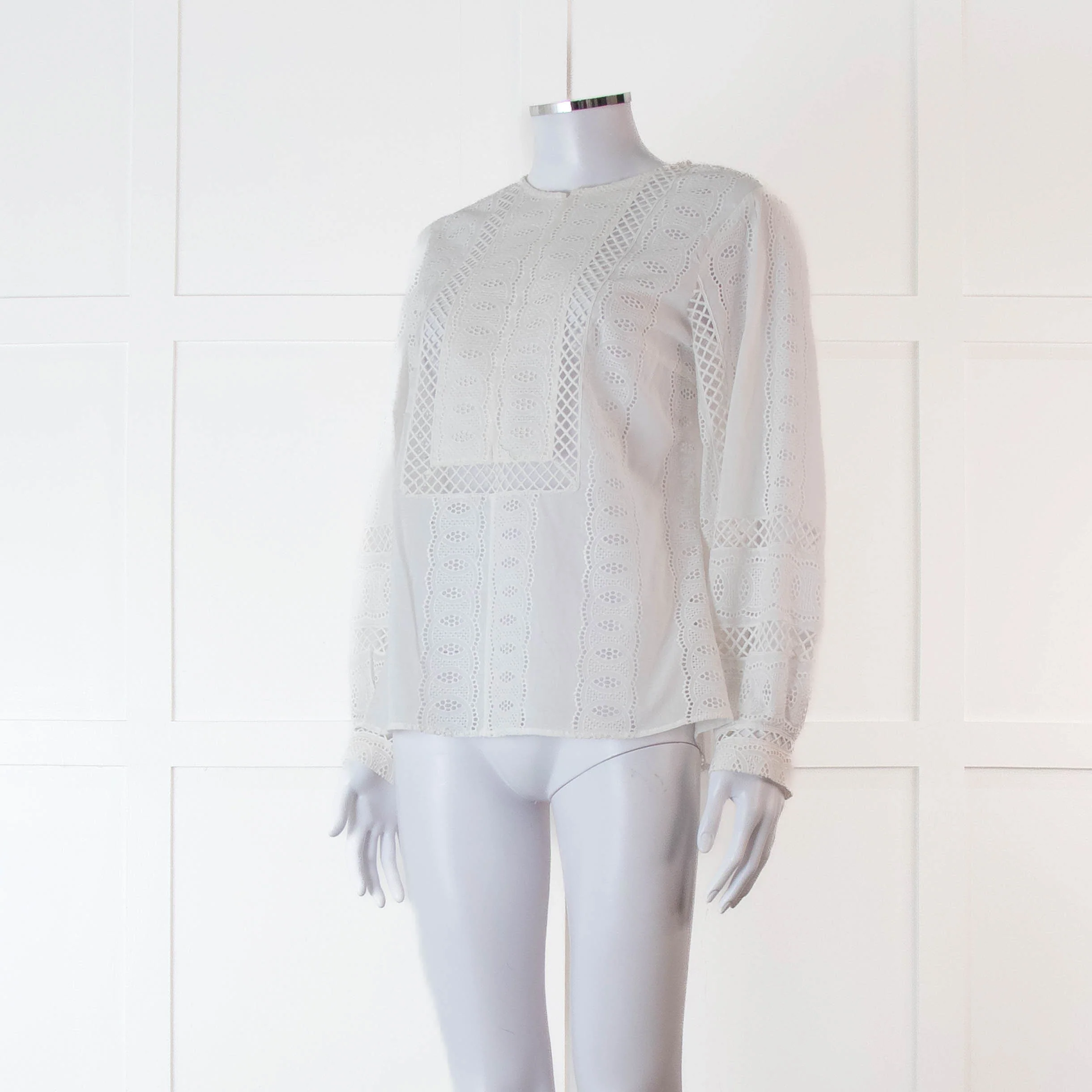 Oscar De La Renta White Broderie Long Sleeve Blouse - Image 8