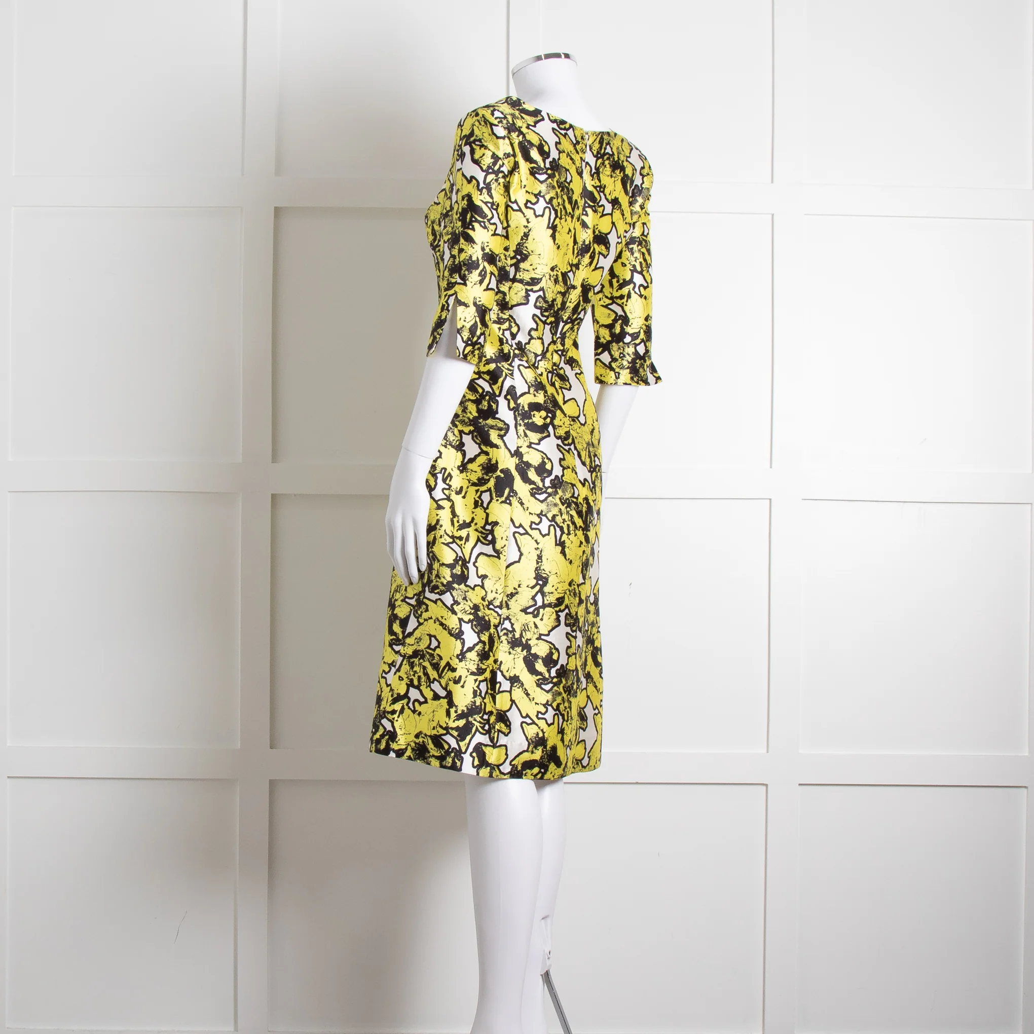 Oscar De La Renta White Yellow Black Silk 3/4 Sleeve Dress - Image 6