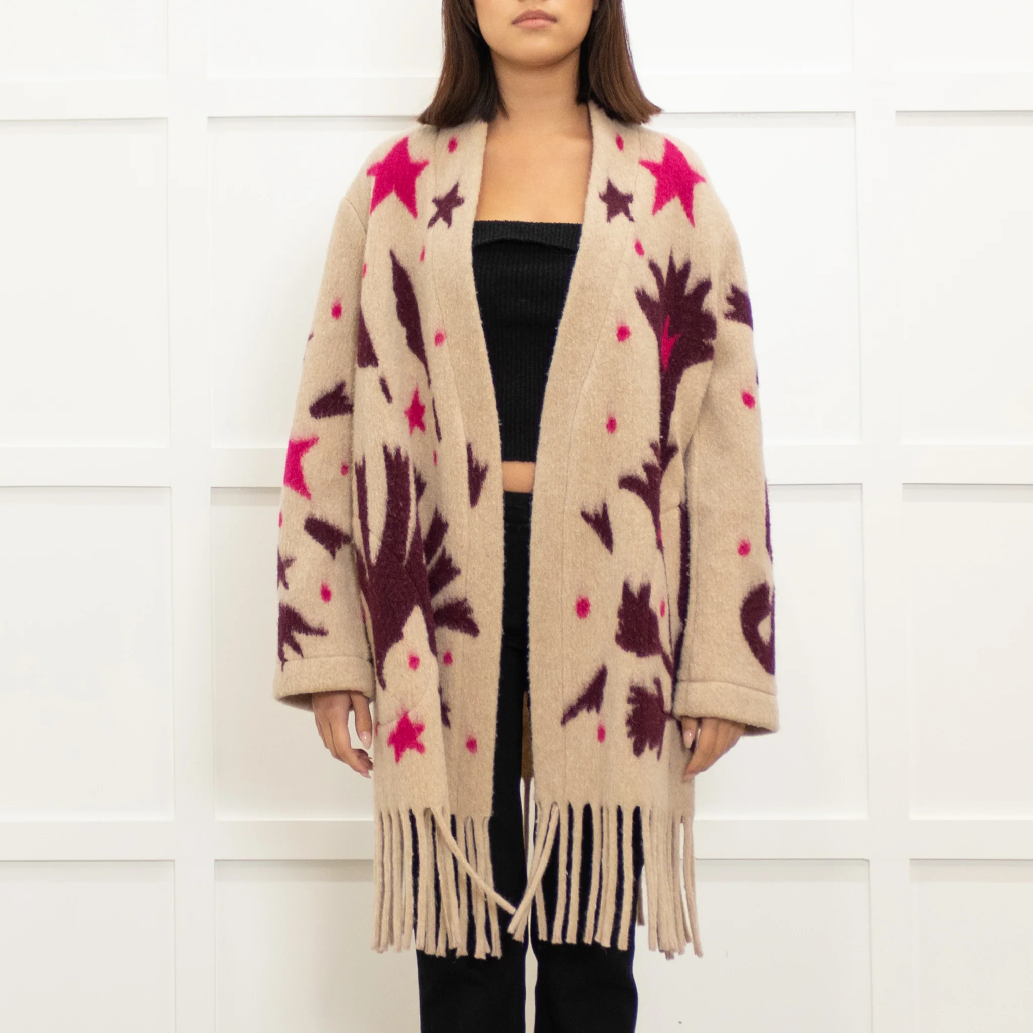 Otto D'Ame Beige With Pink Pattern And Fringed Hem Knit Coat - Image 2