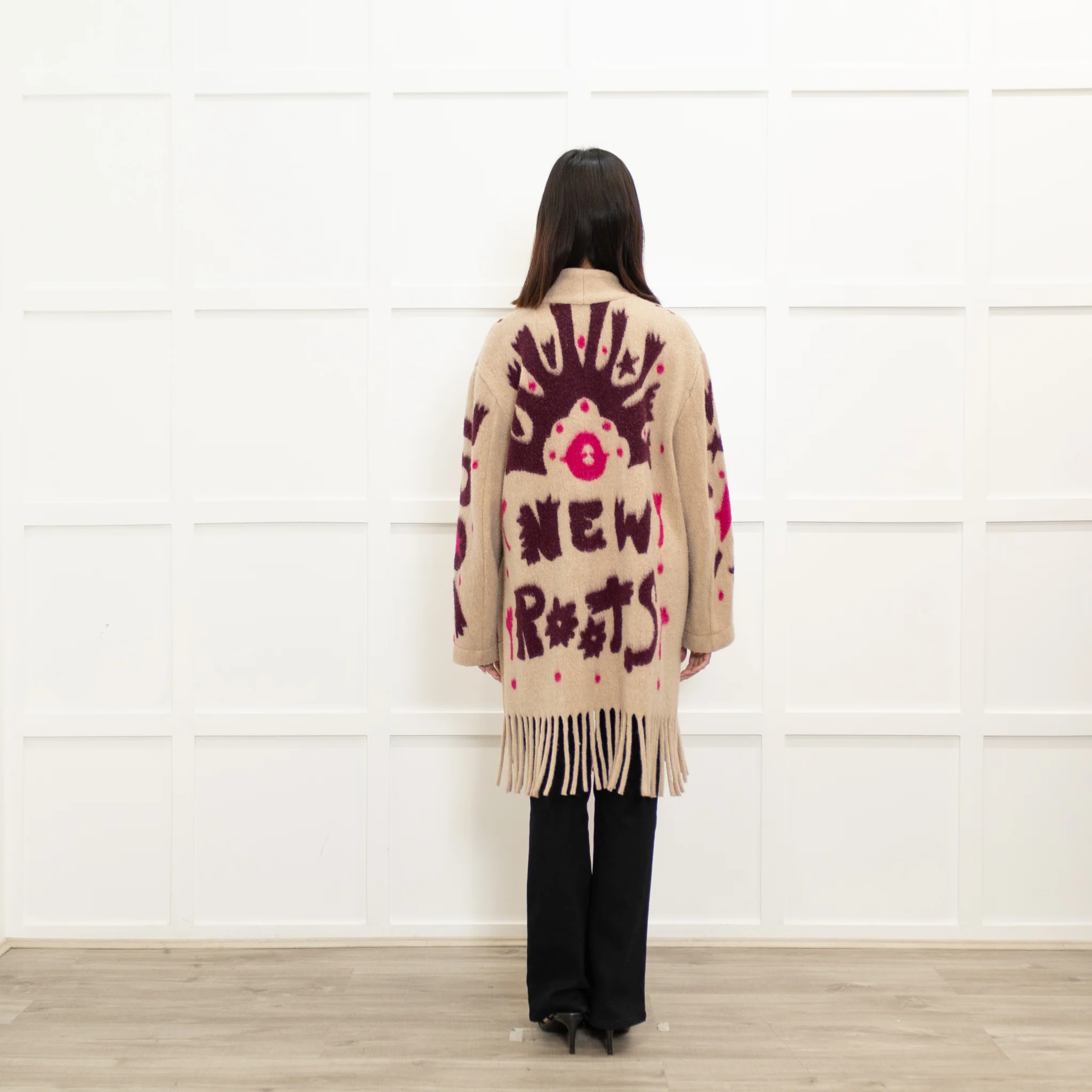 Otto D'Ame Beige With Pink Pattern And Fringed Hem Knit Coat - Image 5