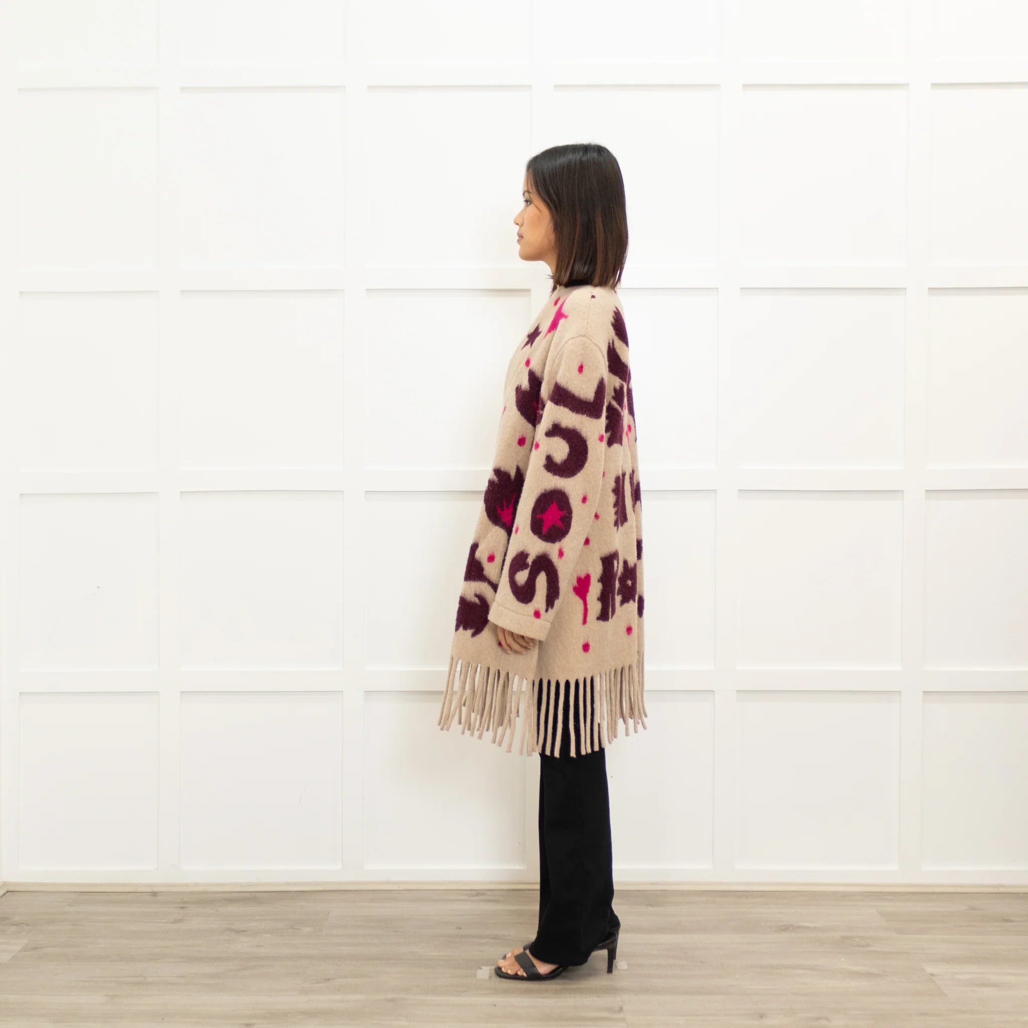 Otto D'Ame Beige With Pink Pattern And Fringed Hem Knit Coat - Image 6