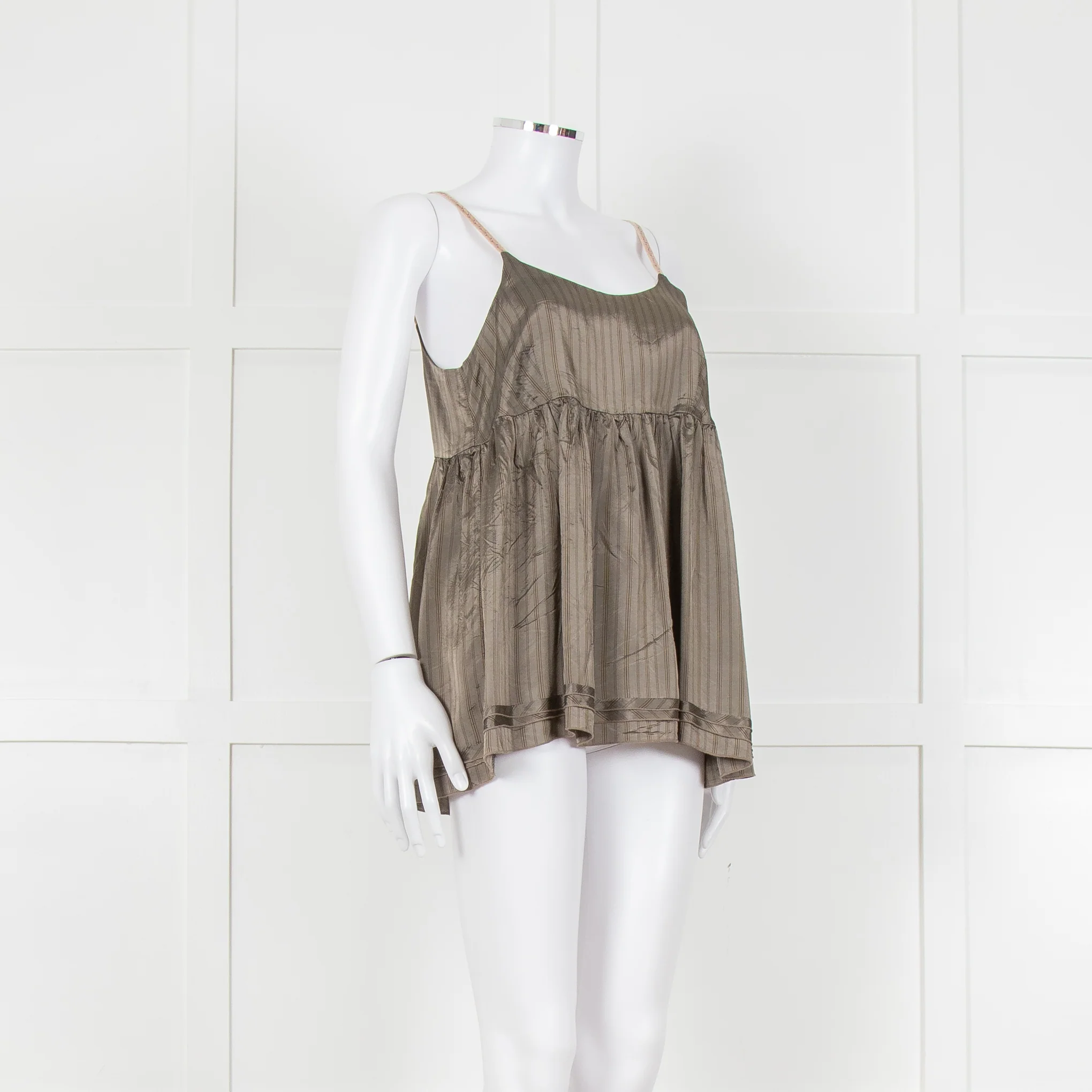 Ottod'Ame Khaki Pinstripe Contrast Velvet Strap Top - Image 2