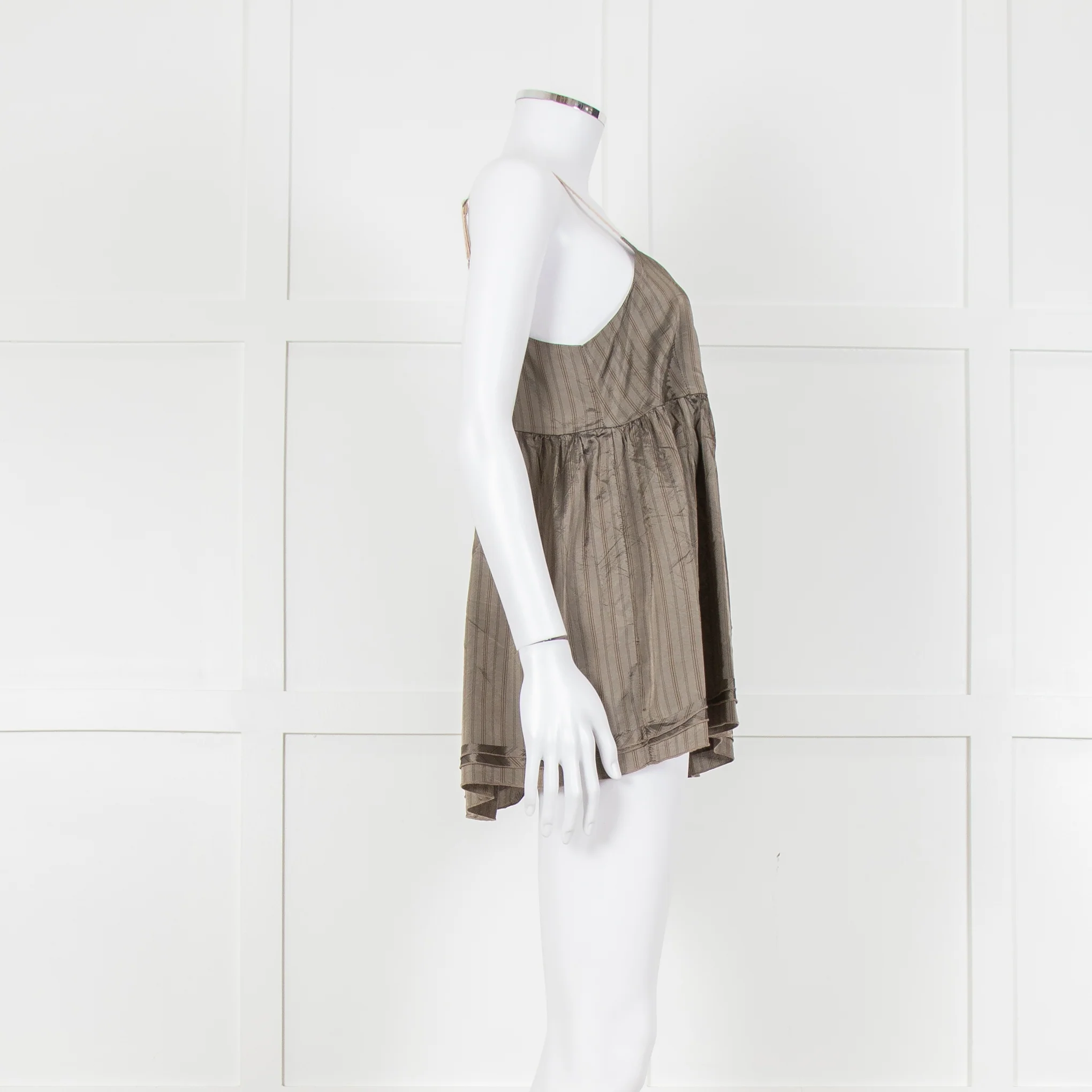 Ottod'Ame Khaki Pinstripe Contrast Velvet Strap Top - Image 3