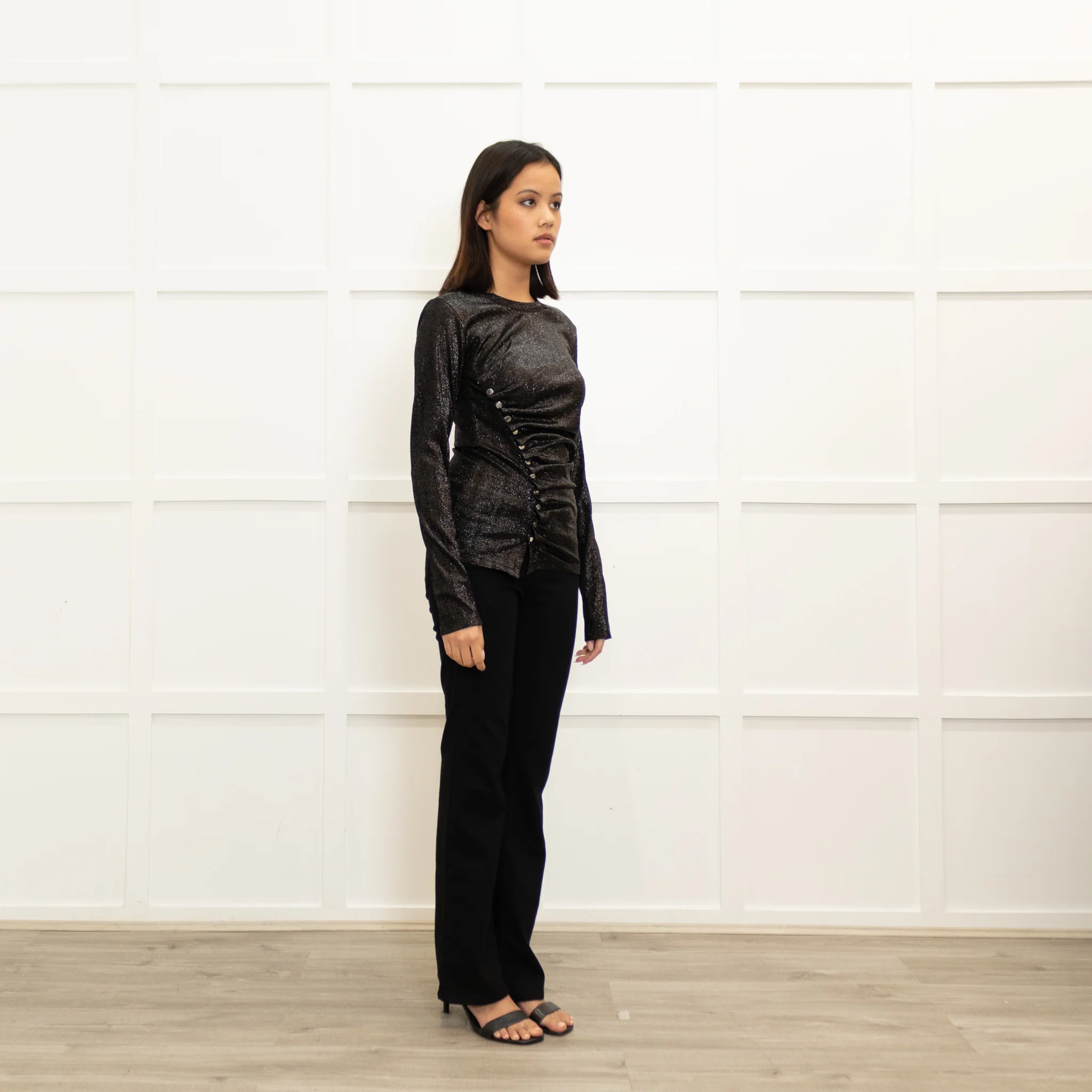 Paco Rabanne Black Shimmer Lurex Long Sleeve Button Detail Top - Image 3