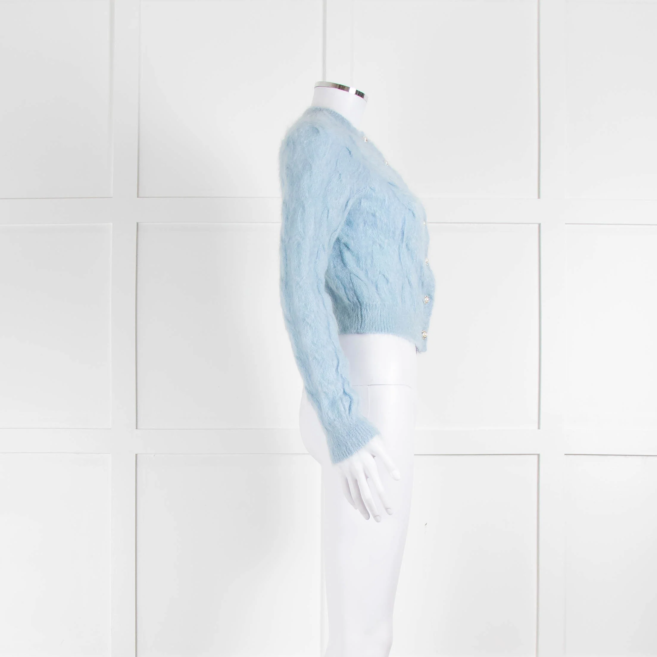 Paco Rabanne Pale Blue Mohair Cable Embellished Button Cardigan - Image 2