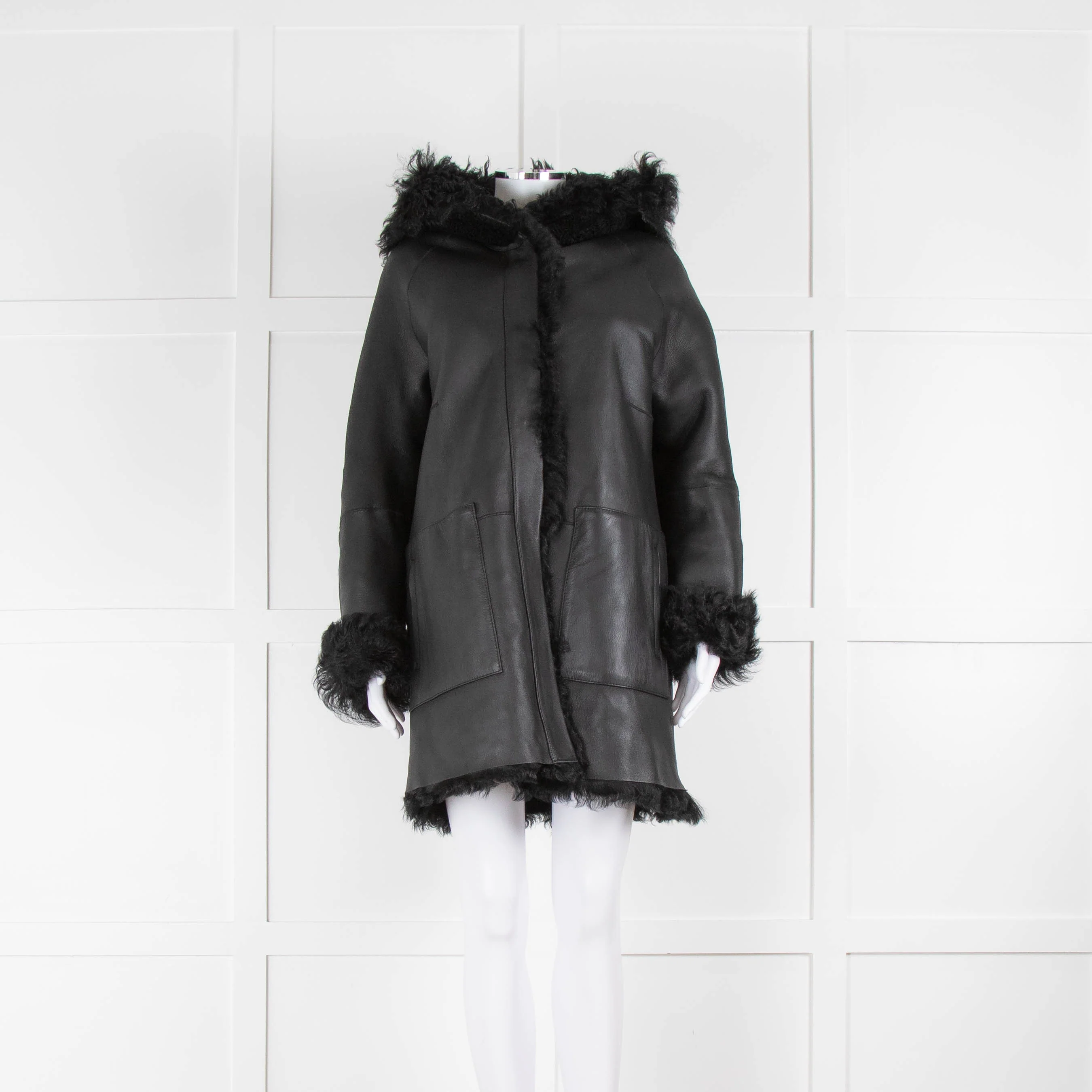 pa;ge Black Reversible Shearling Coat Removable Hood - Image 2