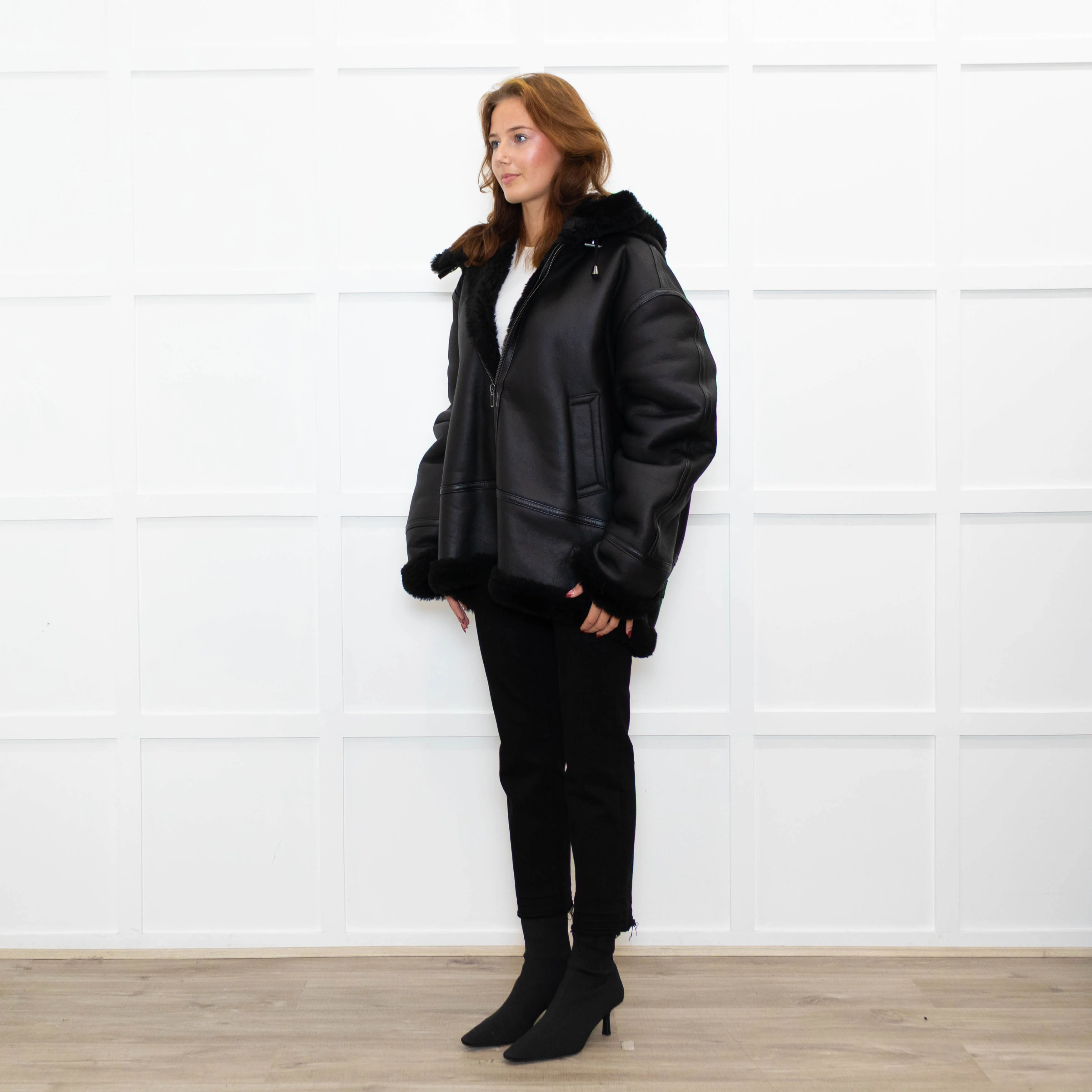 Pa:ge Hooded Aviator Jacket in Black Snoopy Fur - Image 3