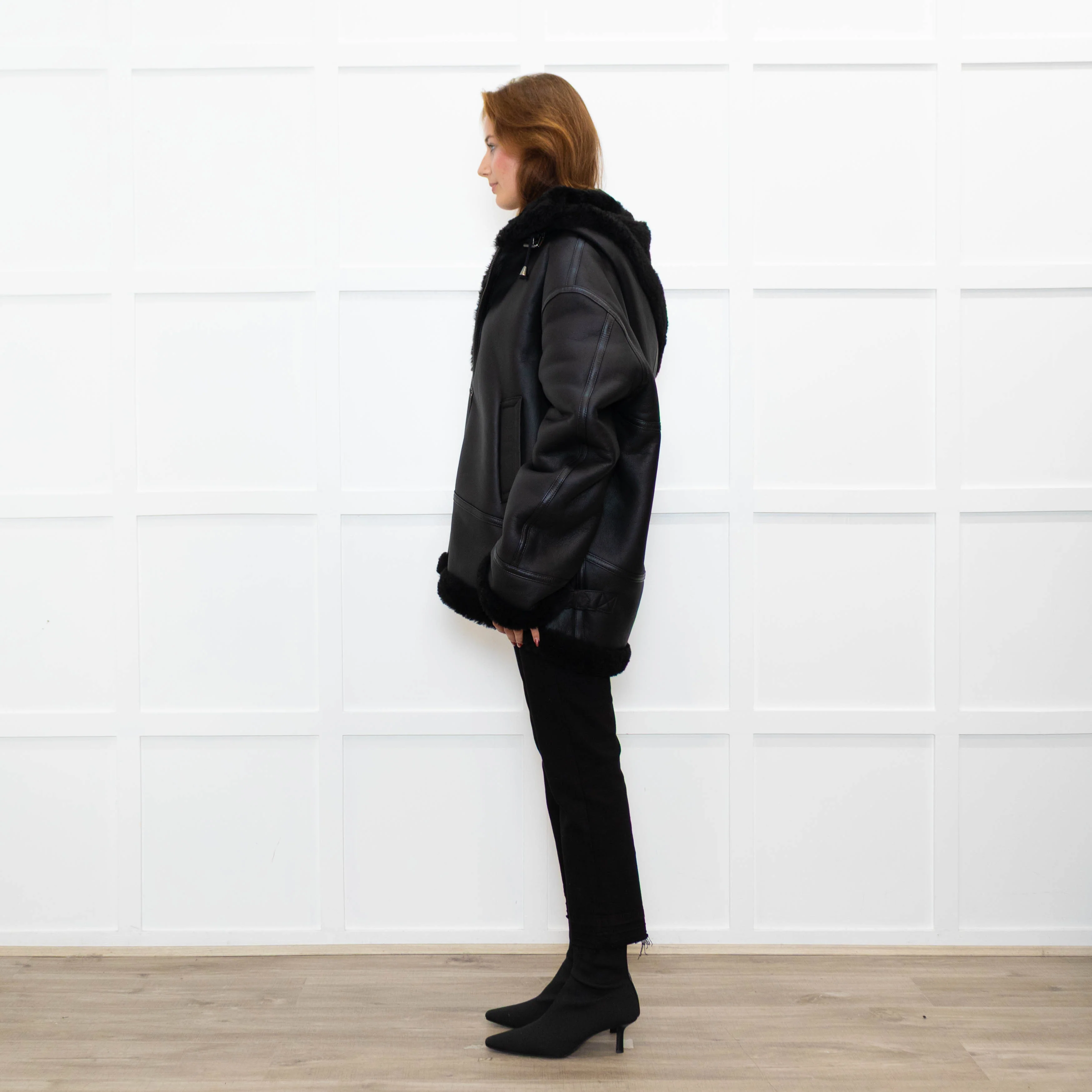Pa:ge Hooded Aviator Jacket in Black Snoopy Fur - Image 4
