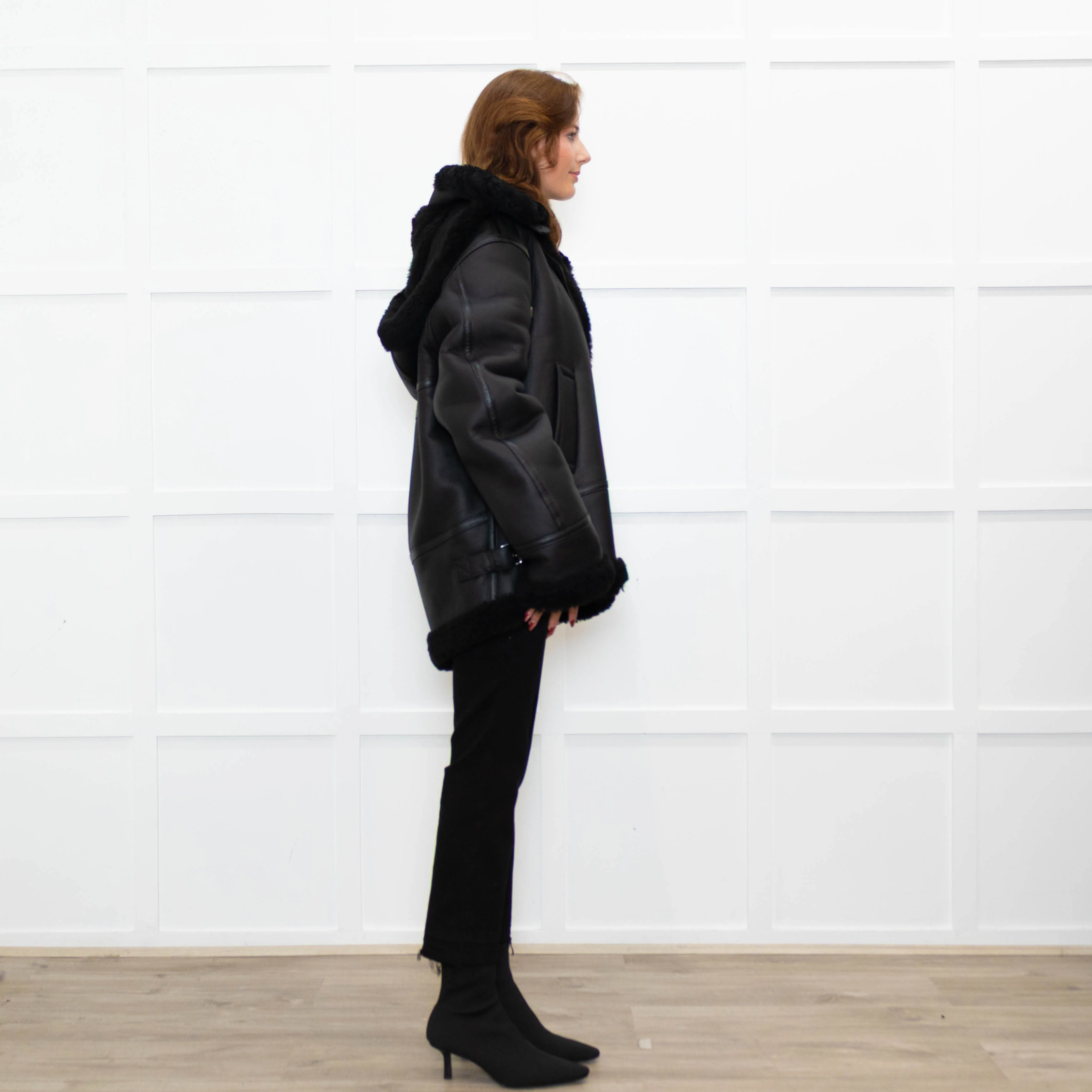 Pa:ge Hooded Aviator Jacket in Black Snoopy Fur - Image 6