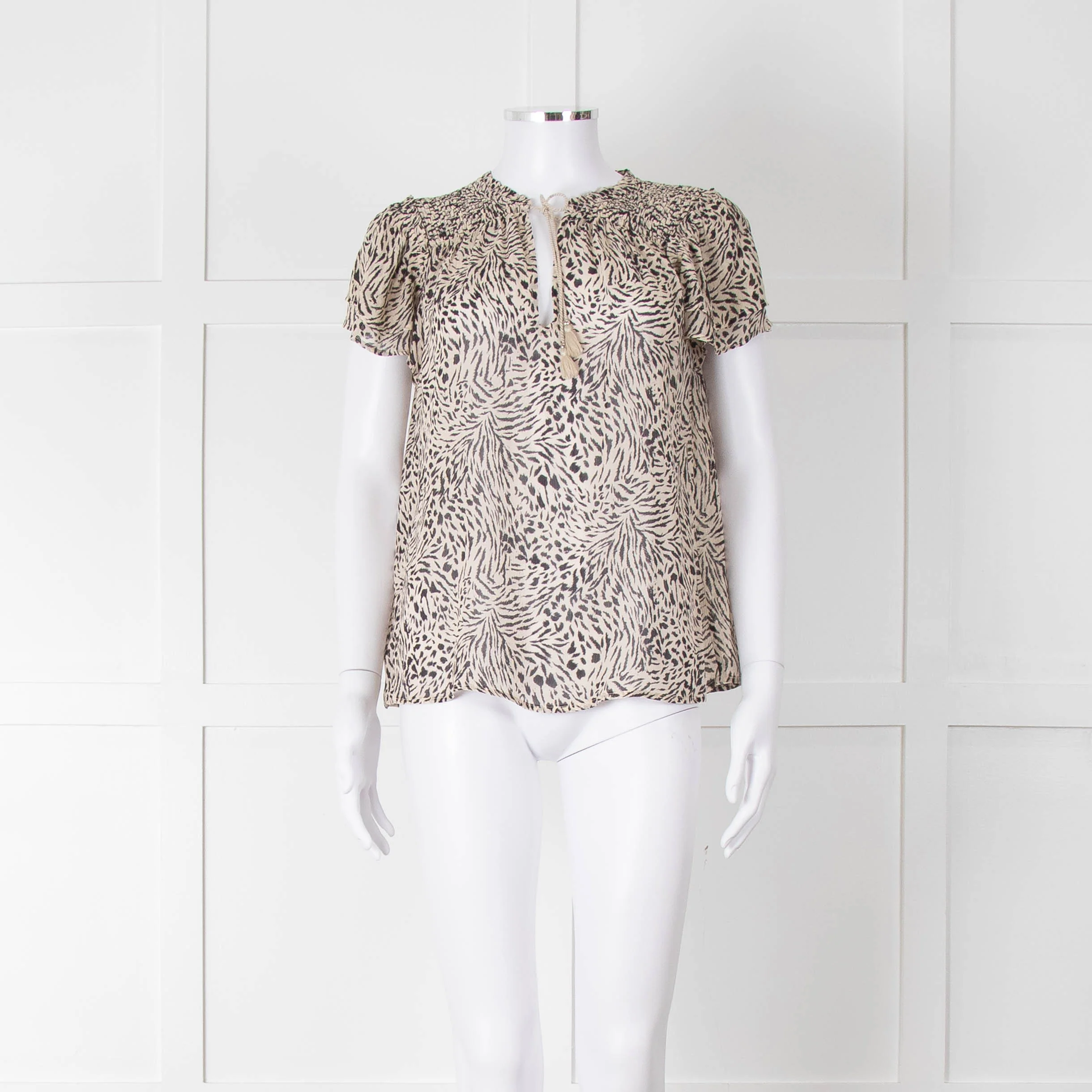 Paige Beige And Black Animal Print Tie Neck Top
