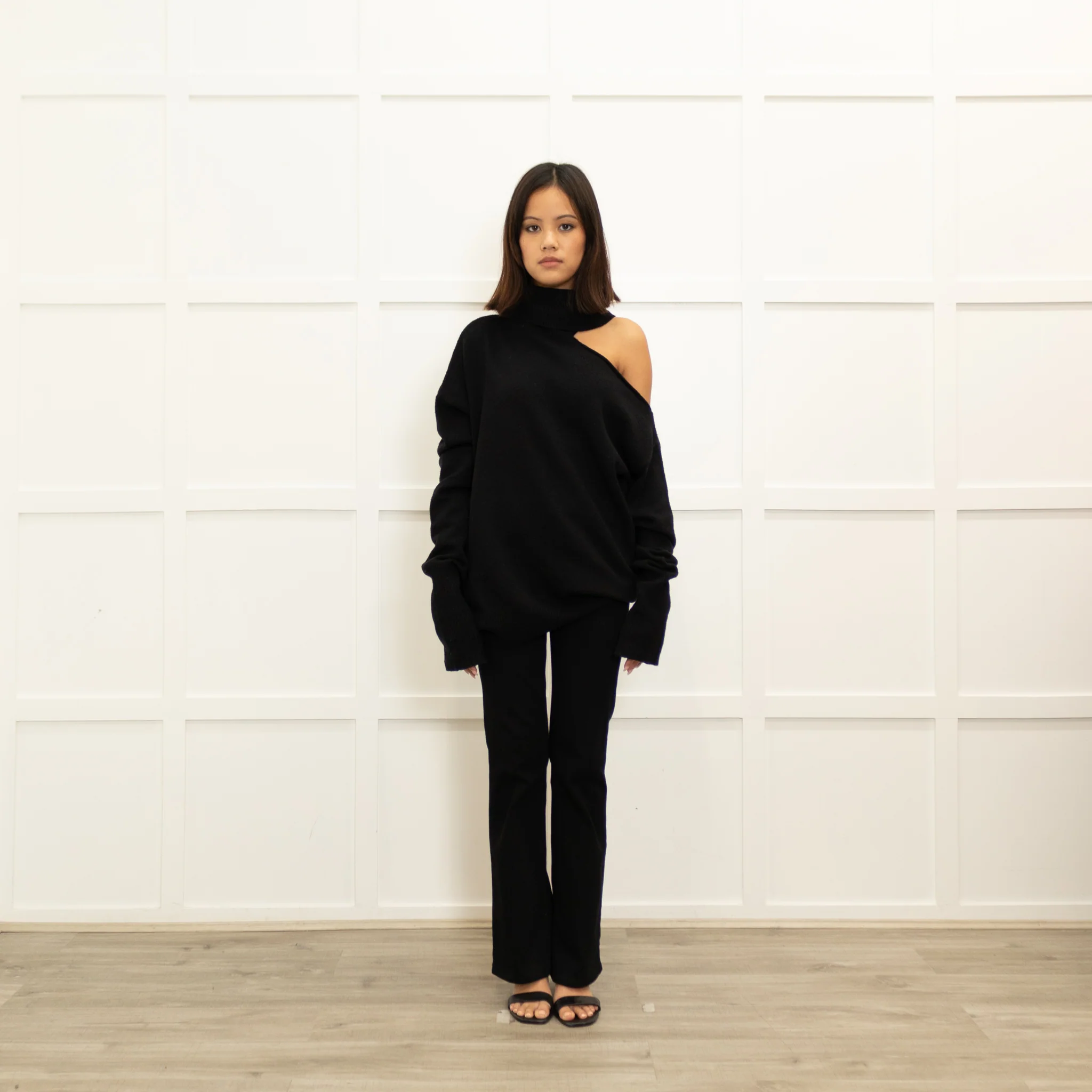 Paige Black Wool Blend Open Shoulder Oversized Rollneck