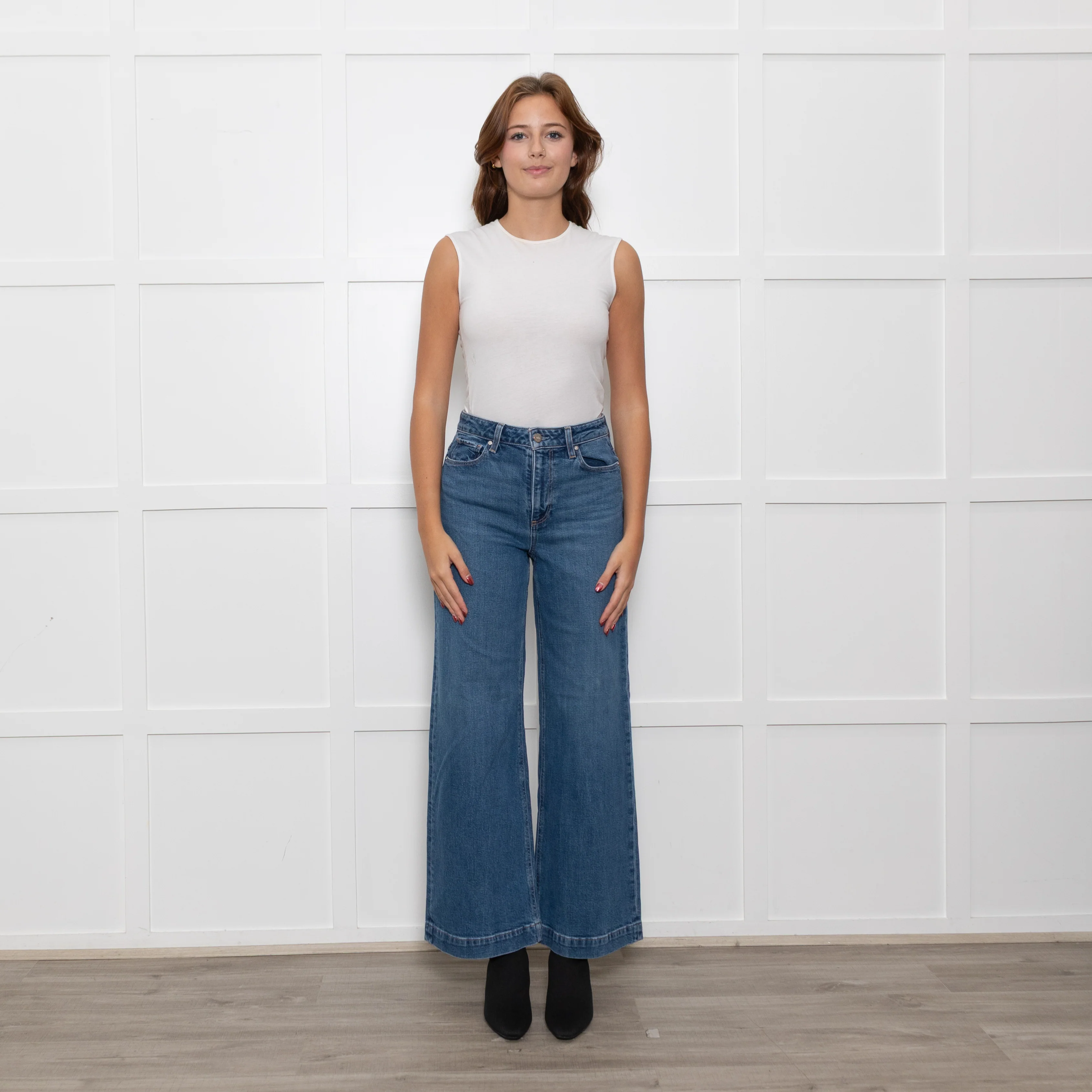 Paige Blue Wide Leg Straight Distressed Detail Denim Trousers