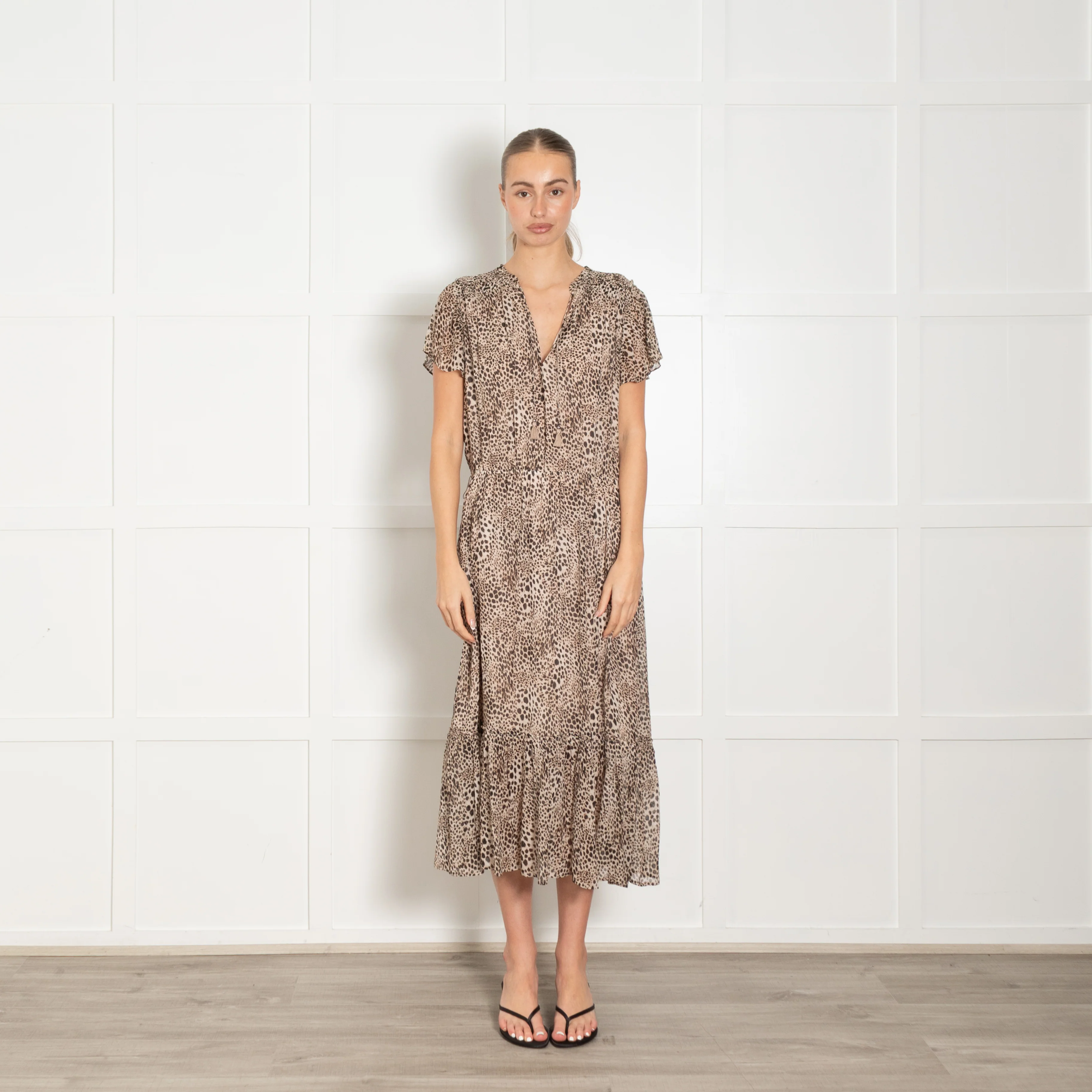 Paige Brown Animal Print Tiered Hem Short Sleeve Dress