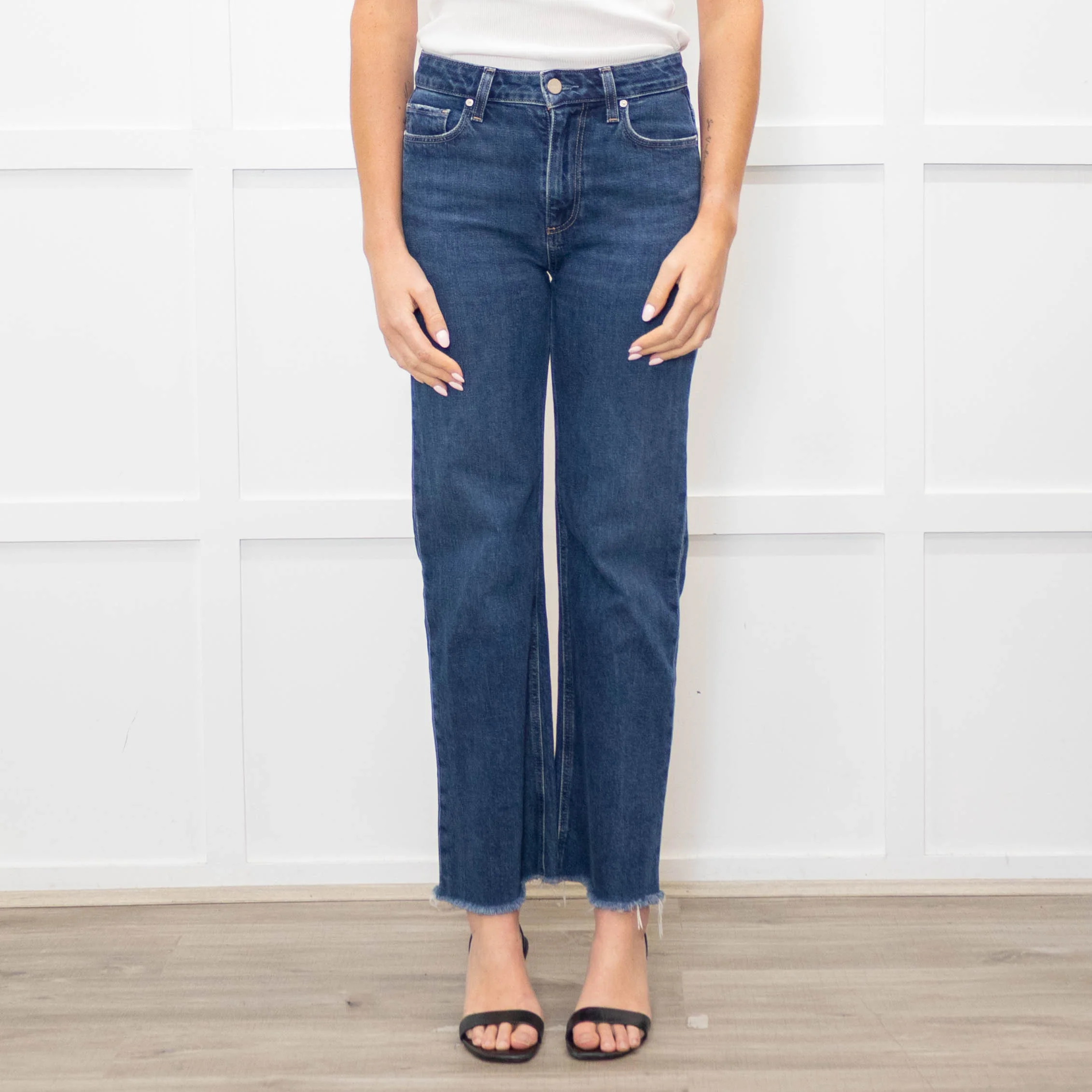 Paige Dark Blue Straight Leg Jeans With Pocket stitch - Image 2