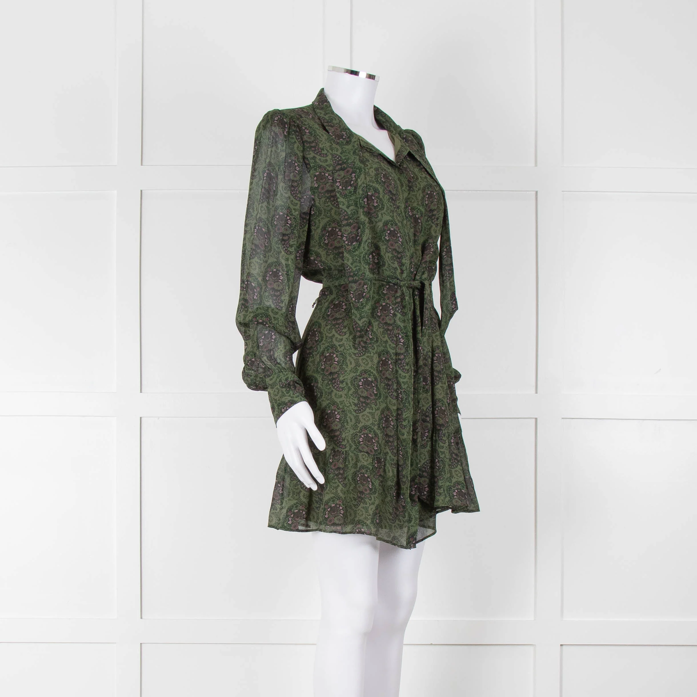 Paige Green Ditsy Floral Print Mini Dress with Tie Neck - Image 2