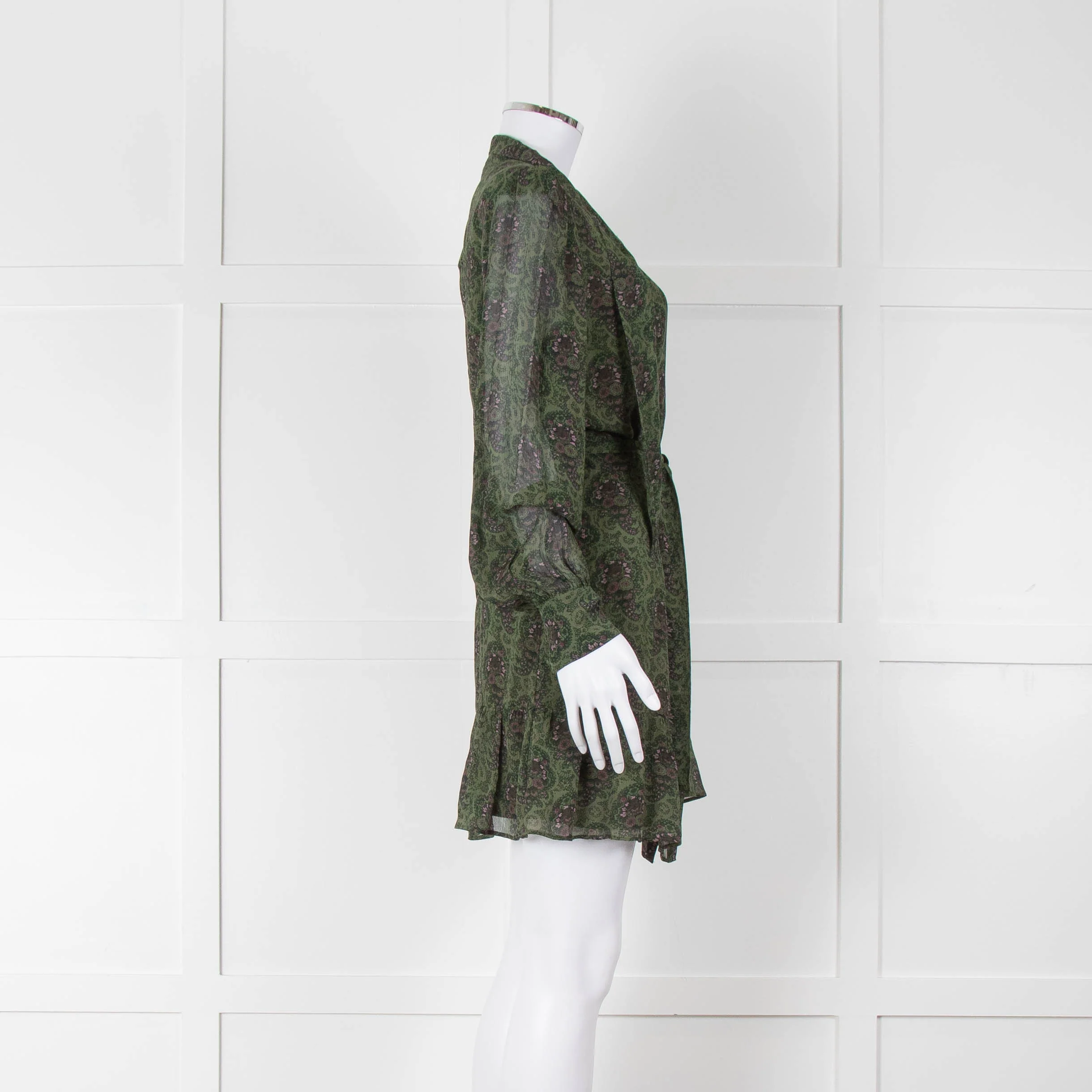 Paige Green Ditsy Floral Print Mini Dress with Tie Neck - Image 3