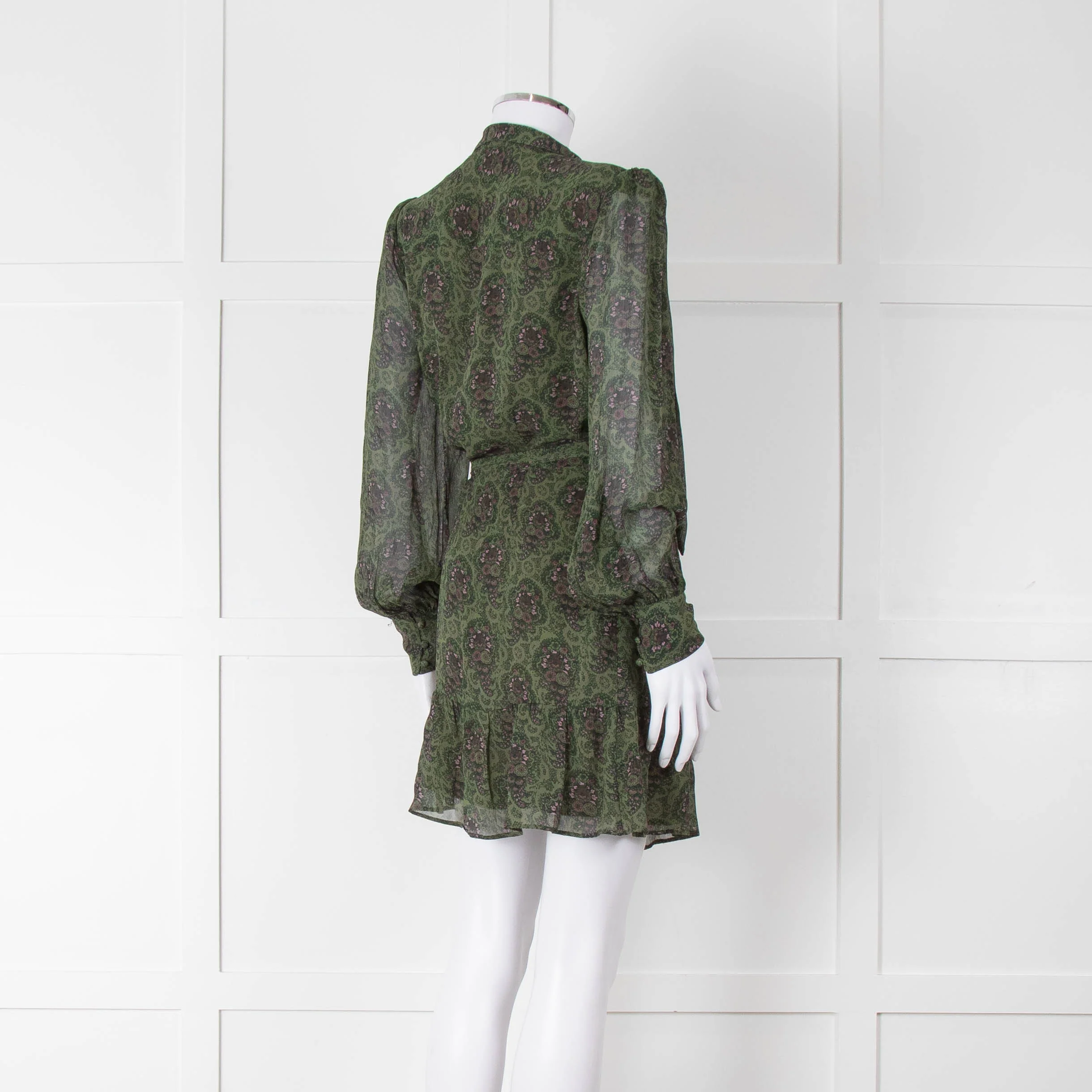 Paige Green Ditsy Floral Print Mini Dress with Tie Neck - Image 4