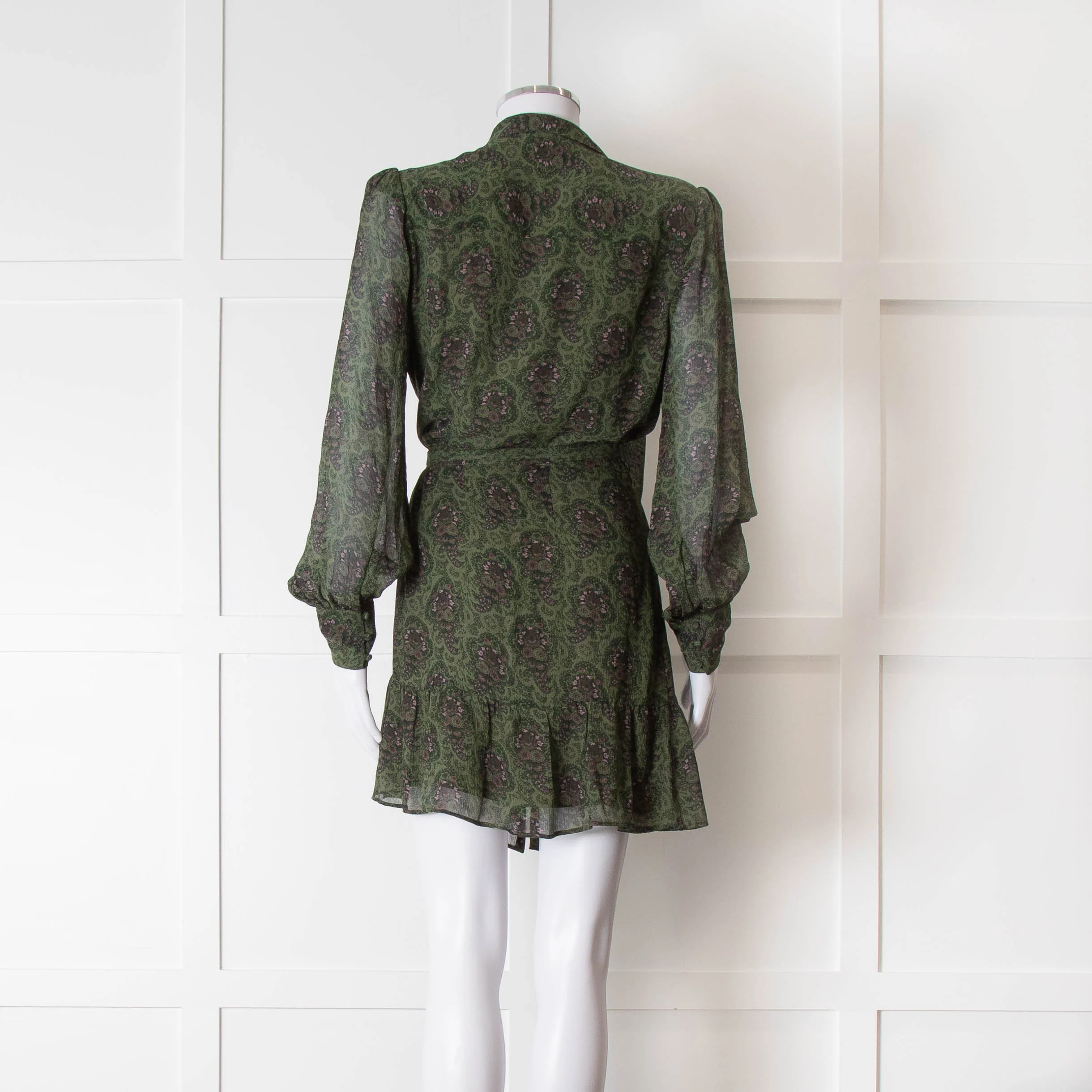 Paige Green Ditsy Floral Print Mini Dress with Tie Neck - Image 5