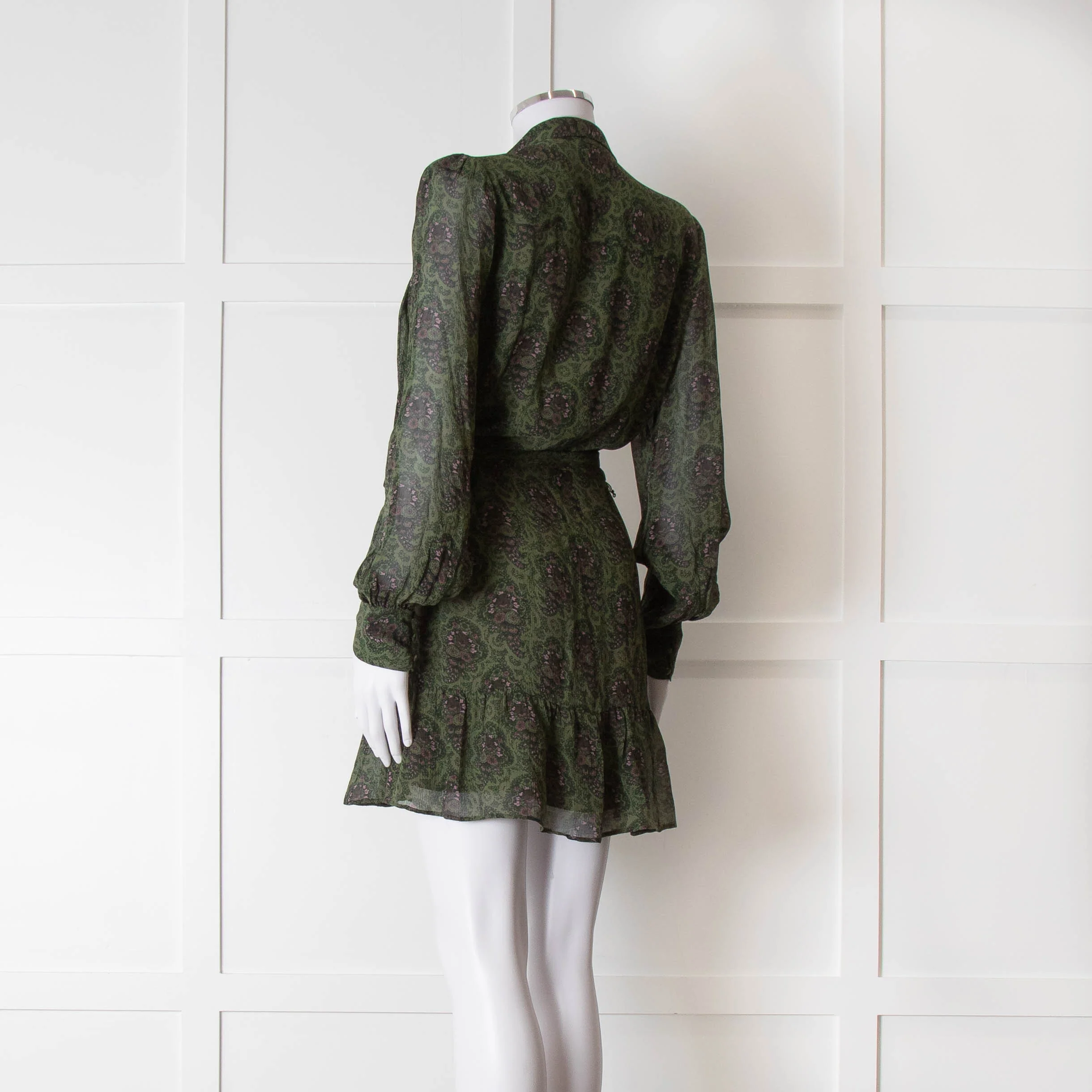 Paige Green Ditsy Floral Print Mini Dress with Tie Neck - Image 6