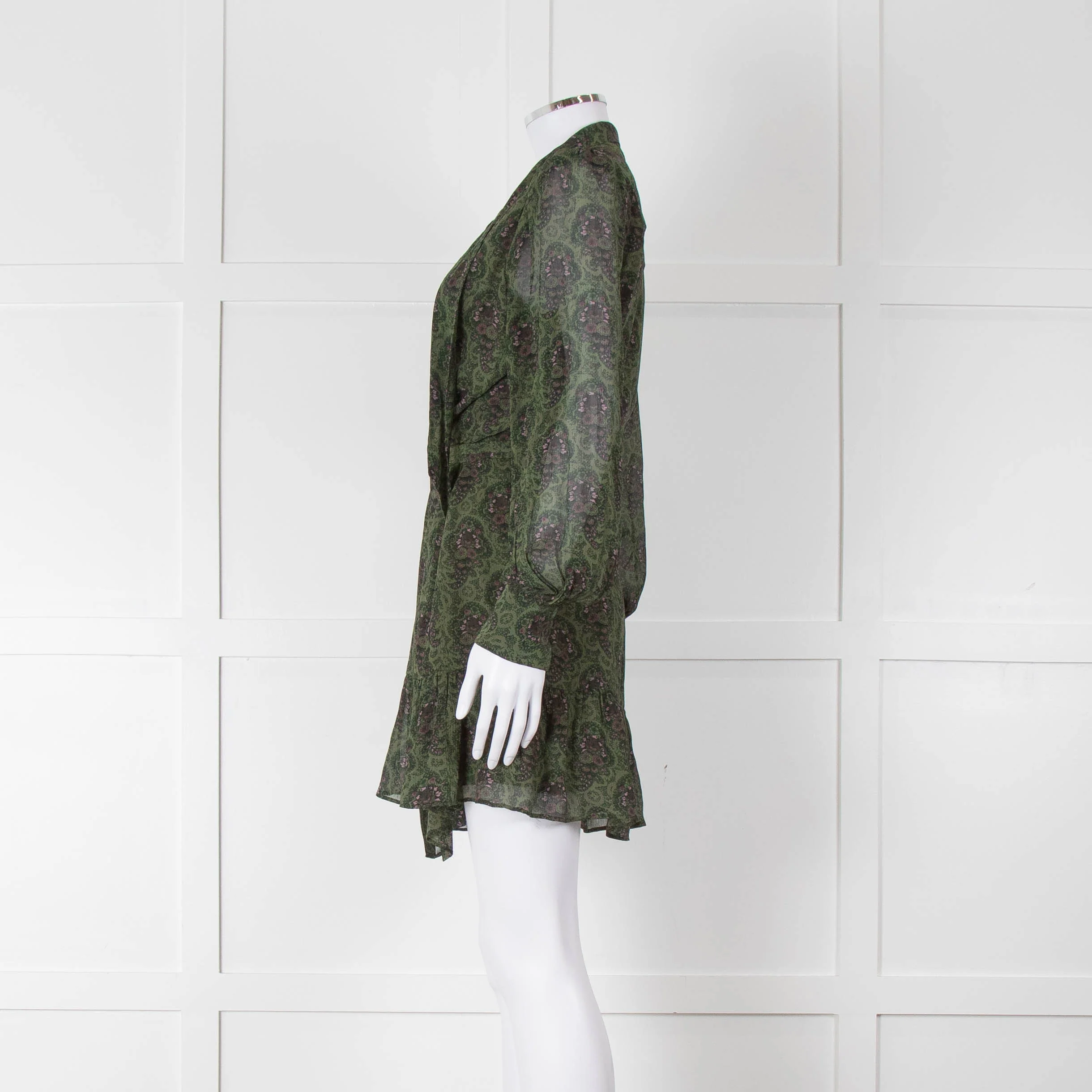 Paige Green Ditsy Floral Print Mini Dress with Tie Neck - Image 7
