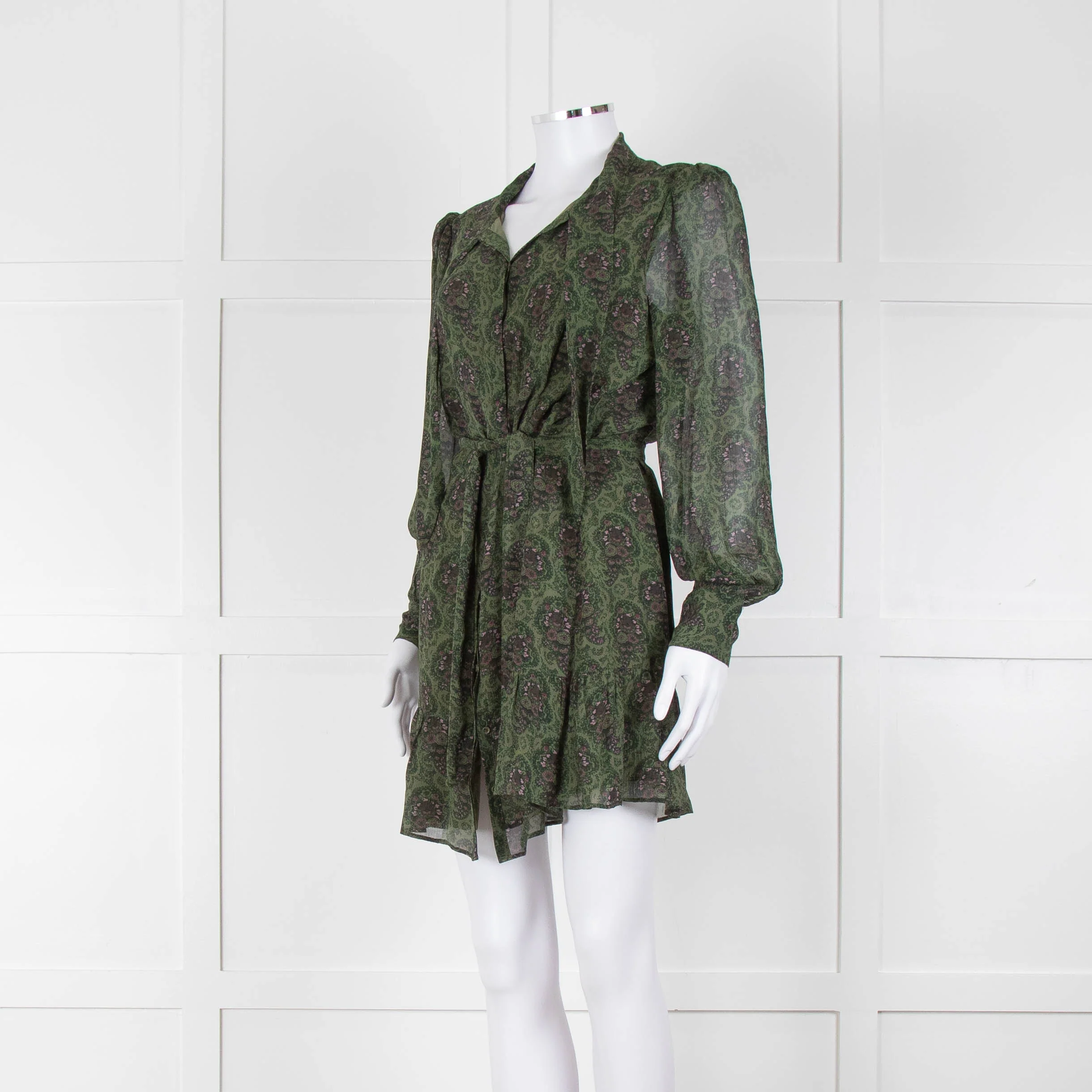 Paige Green Ditsy Floral Print Mini Dress with Tie Neck - Image 8