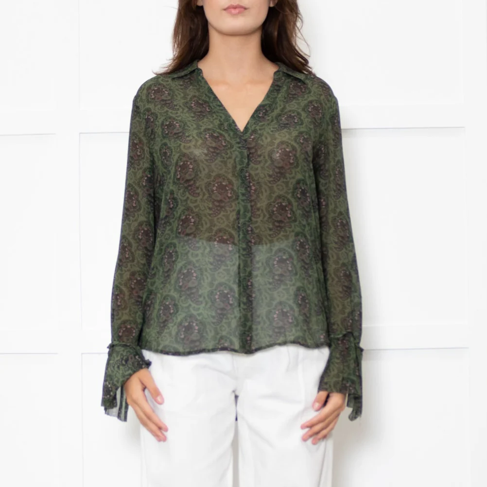 Paige Green Floral Blouse with Wide Cuff - Image 2