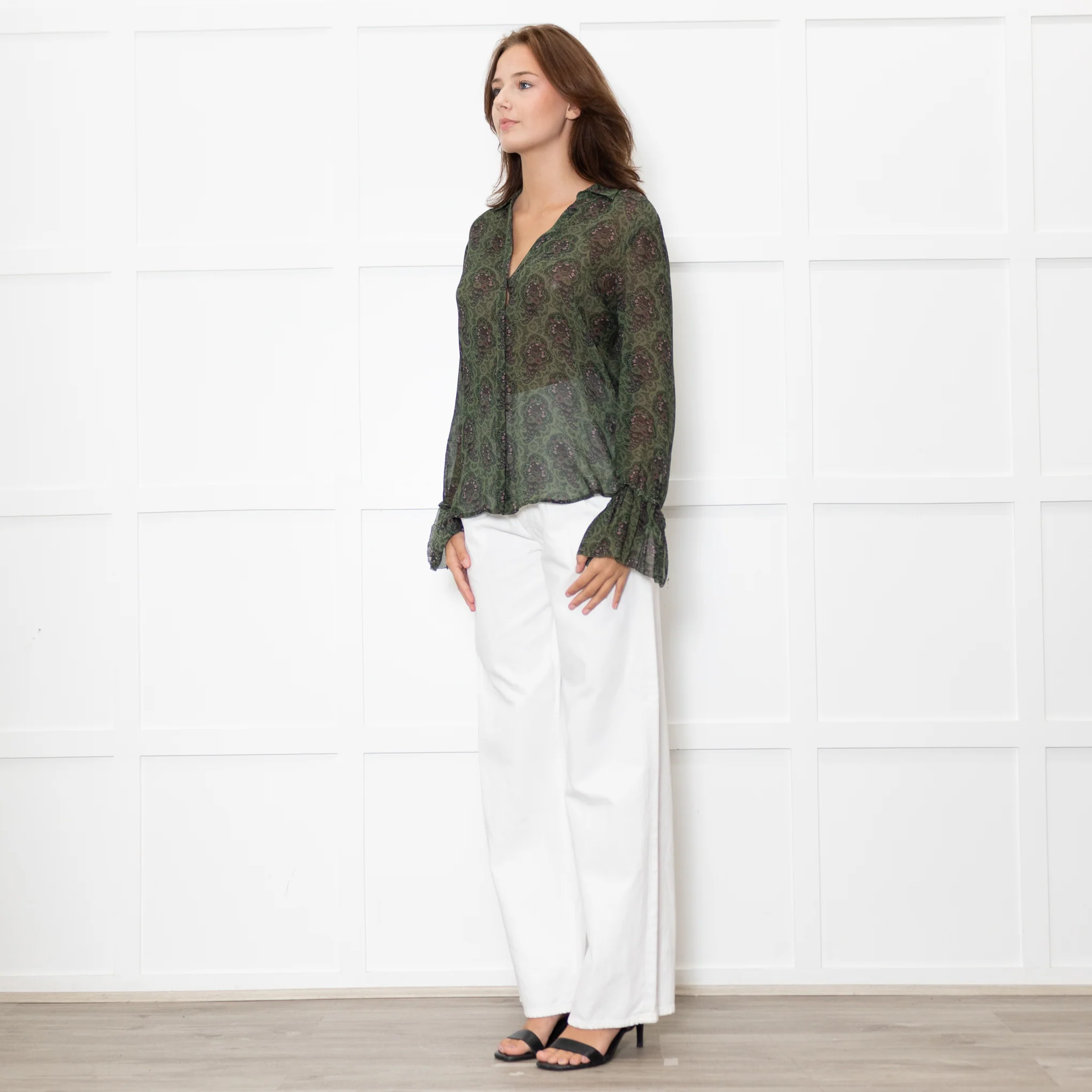 Paige Green Floral Blouse with Wide Cuff - Image 3