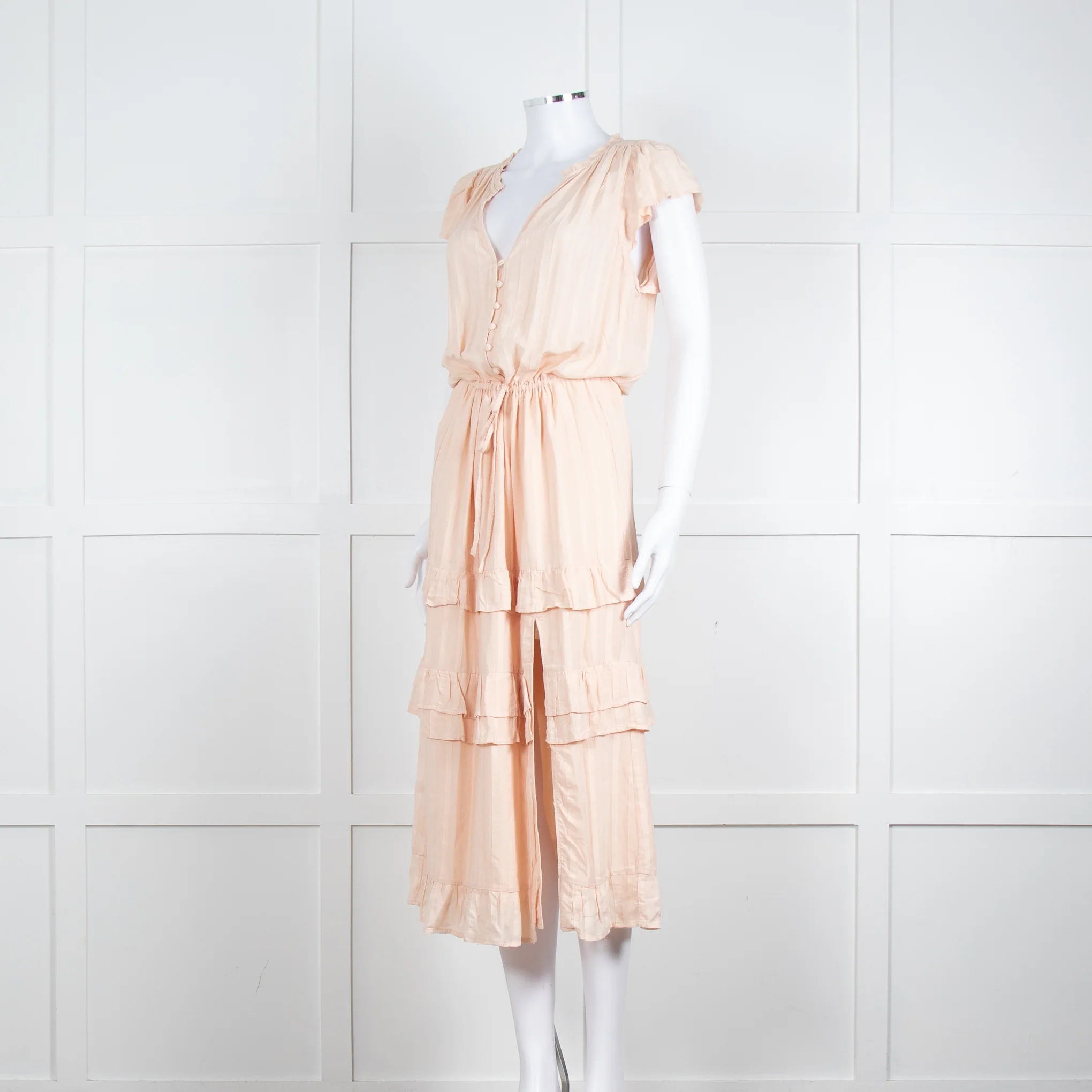 Paige Pale Pink Peach Ruffle Tiered Cap Sleeved Long Dress - Image 2