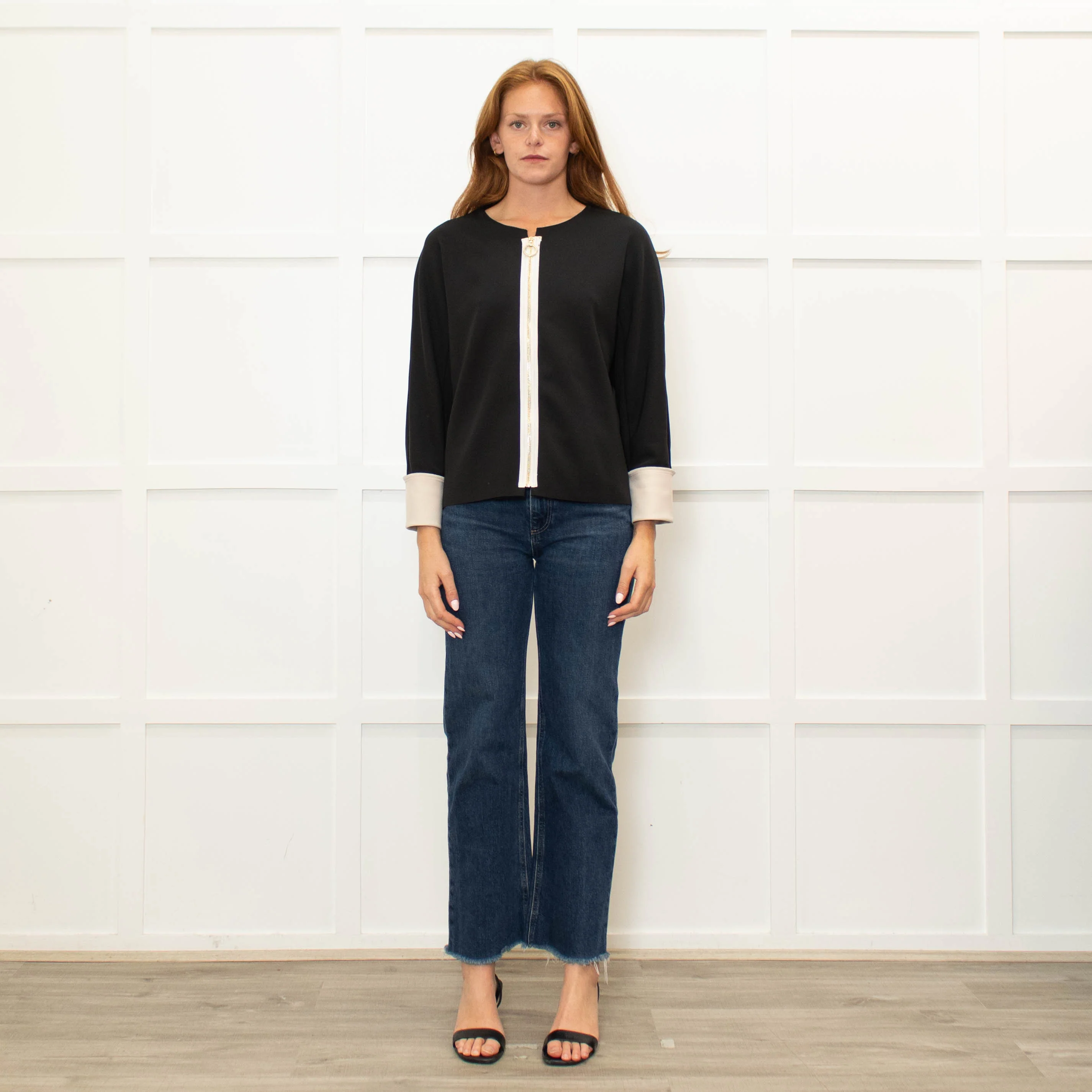 Pamela Milano Black Cream Trim Zip Up Top