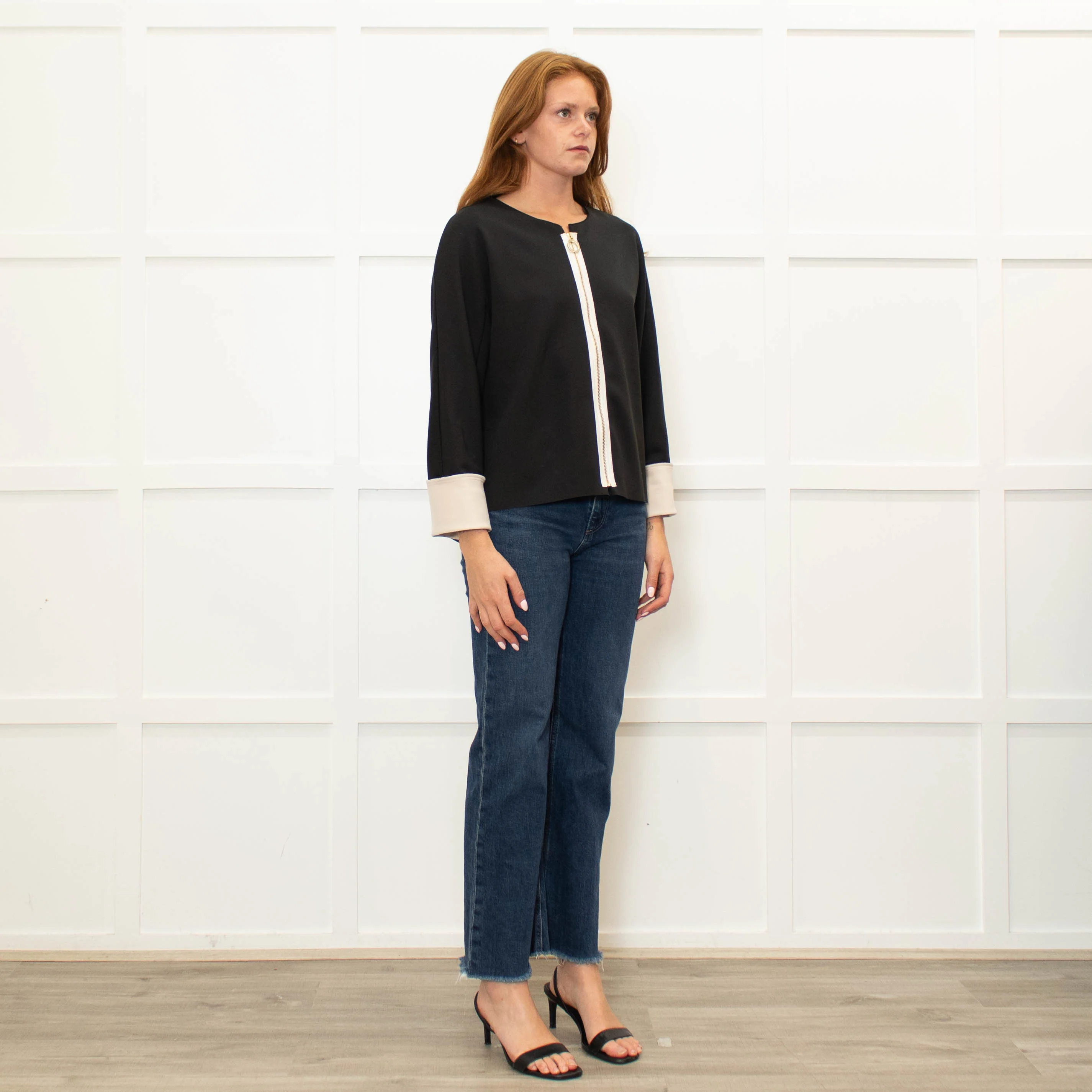 Pamela Milano Black Cream Trim Zip Up Top - Image 7