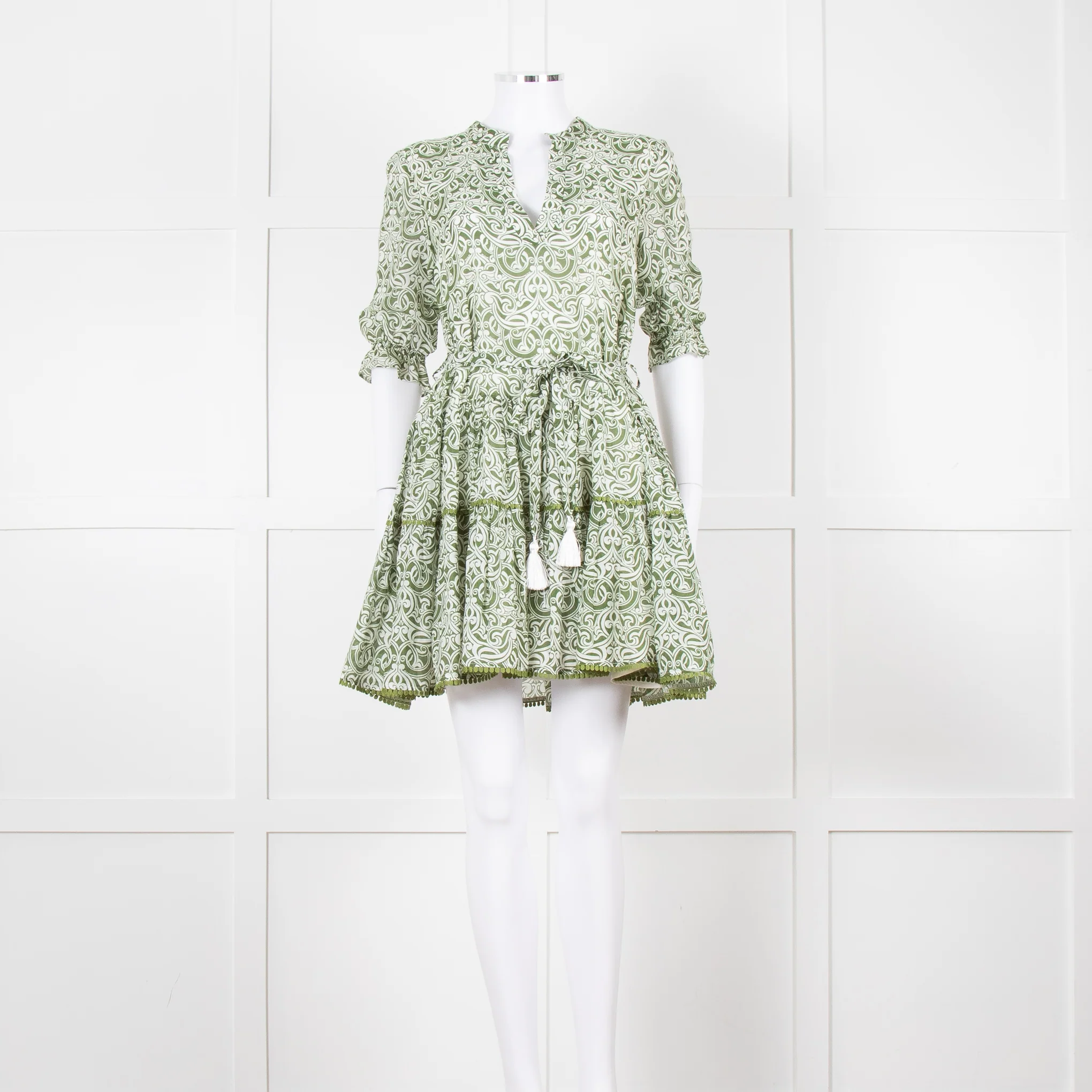 Paolita Cream Green Cotton Belted Mini Cotton Dress
