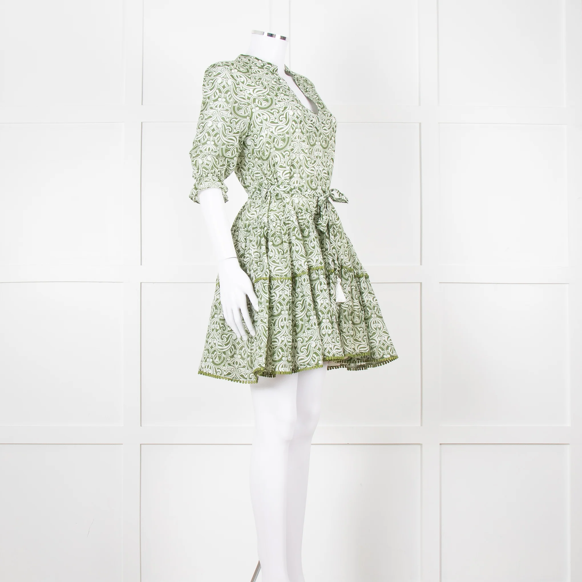 Paolita Cream Green Cotton Belted Mini Cotton Dress - Image 2