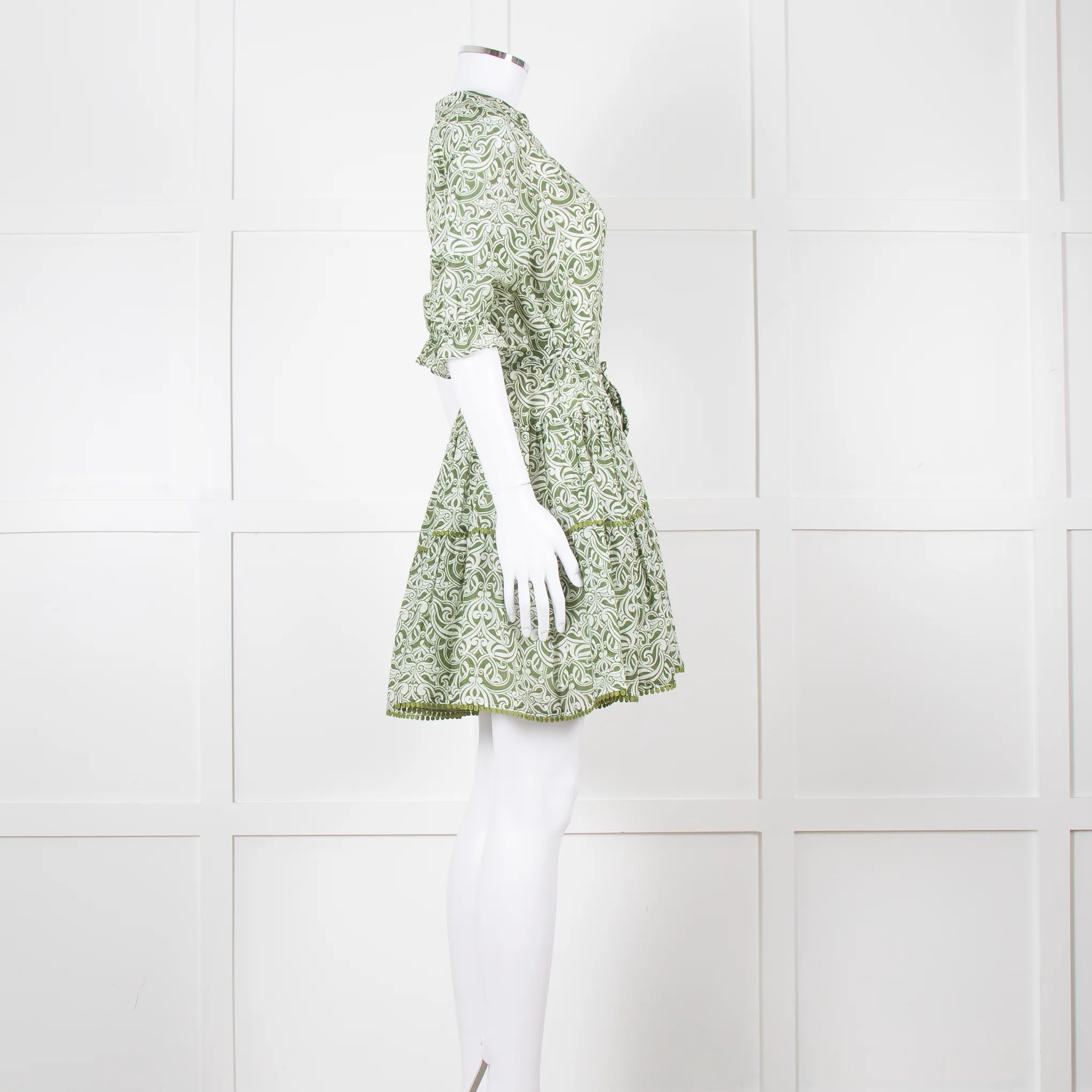 Paolita Cream Green Cotton Belted Mini Cotton Dress - Image 3