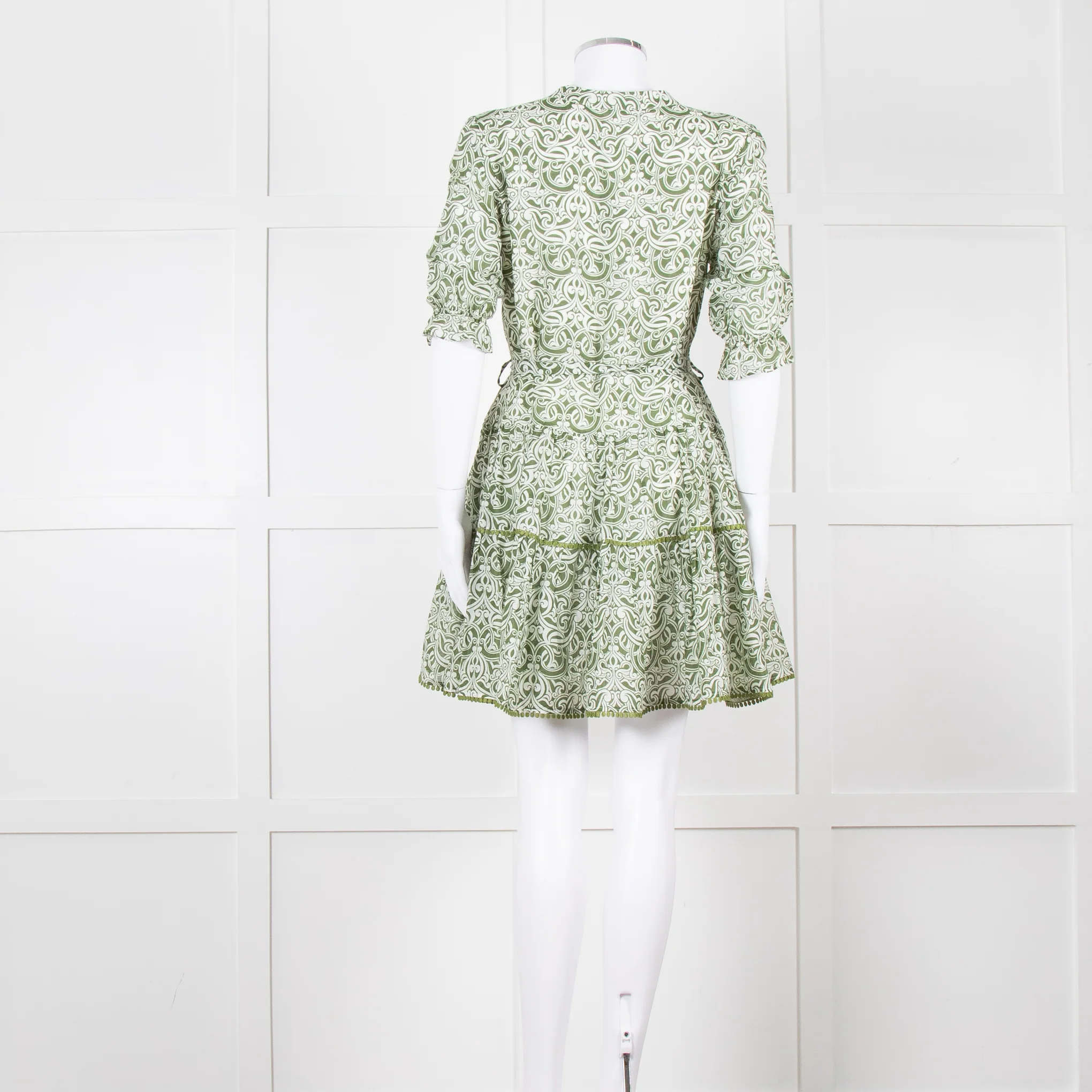 Paolita Cream Green Cotton Belted Mini Cotton Dress - Image 4
