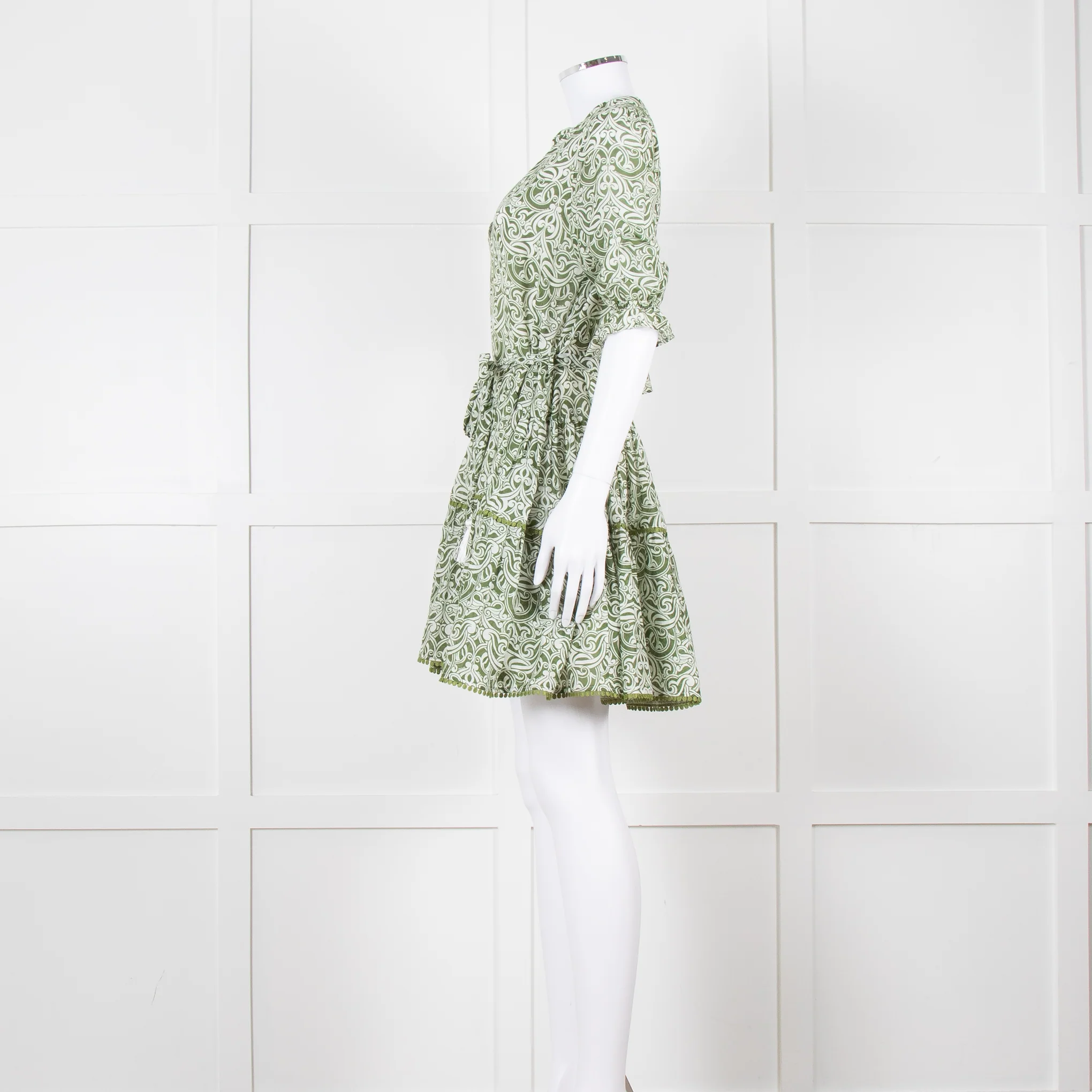 Paolita Cream Green Cotton Belted Mini Cotton Dress - Image 6