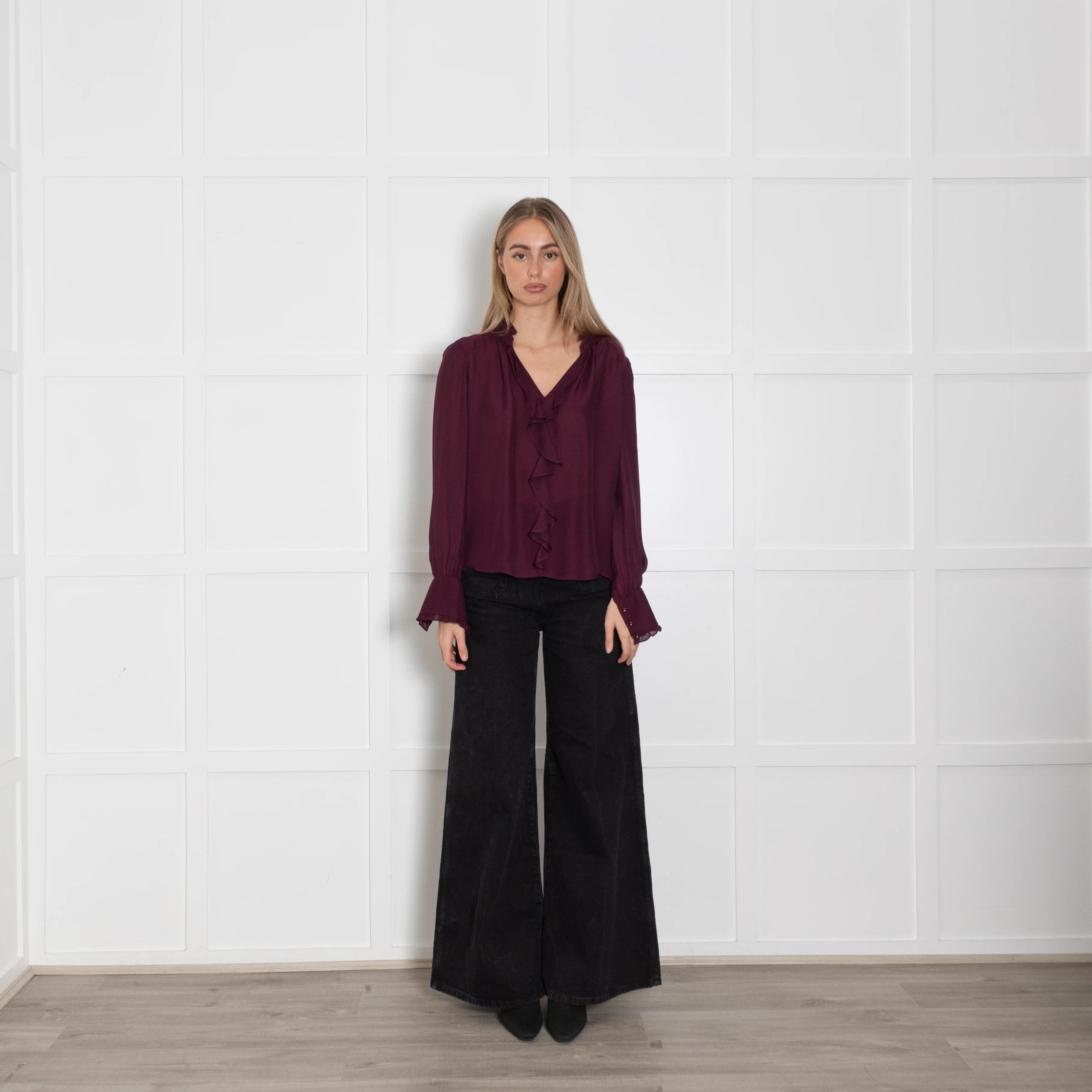 Parker Aubergine Purple Silk Blend Ruffle Detail Blouse