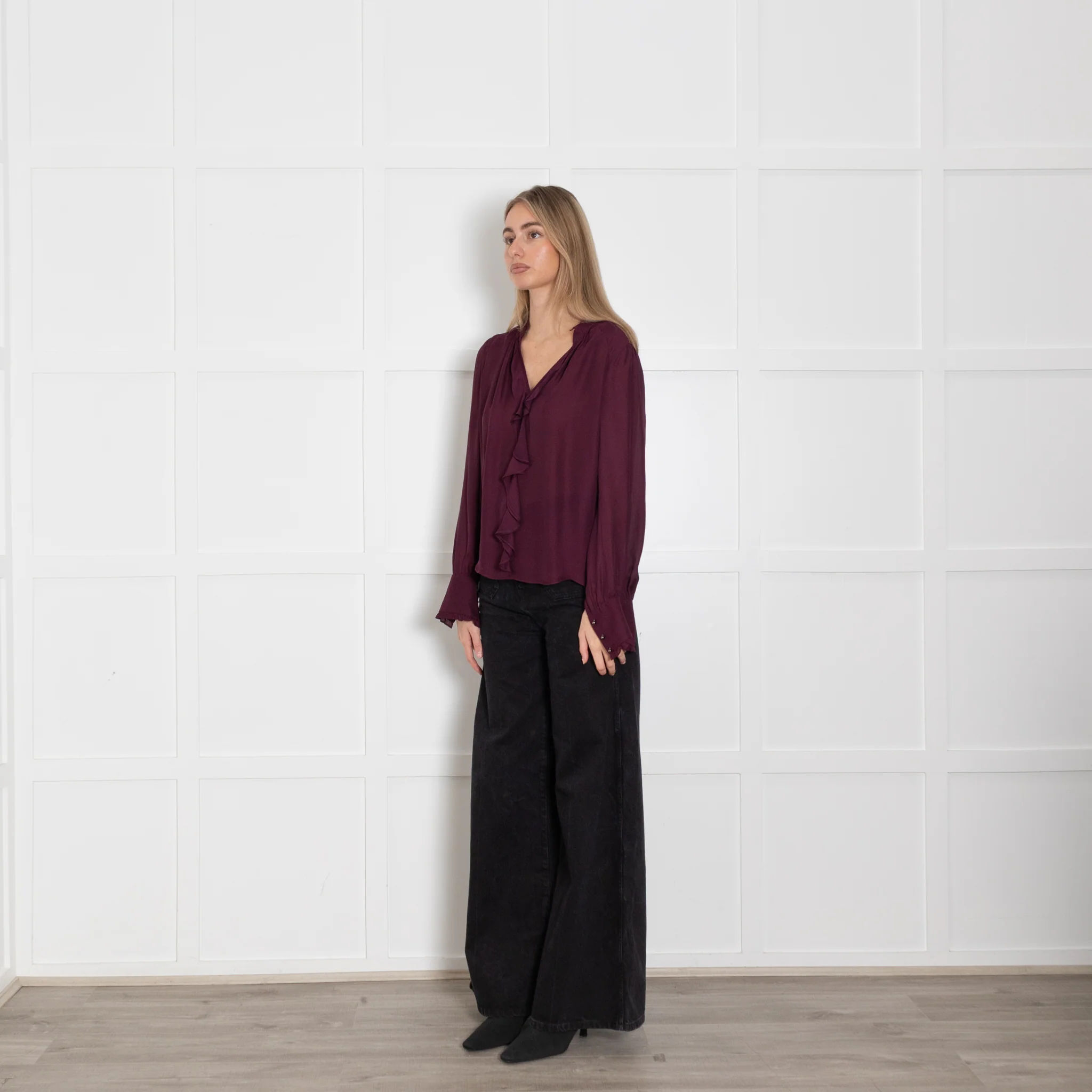 Parker Aubergine Purple Silk Blend Ruffle Detail Blouse - Image 3