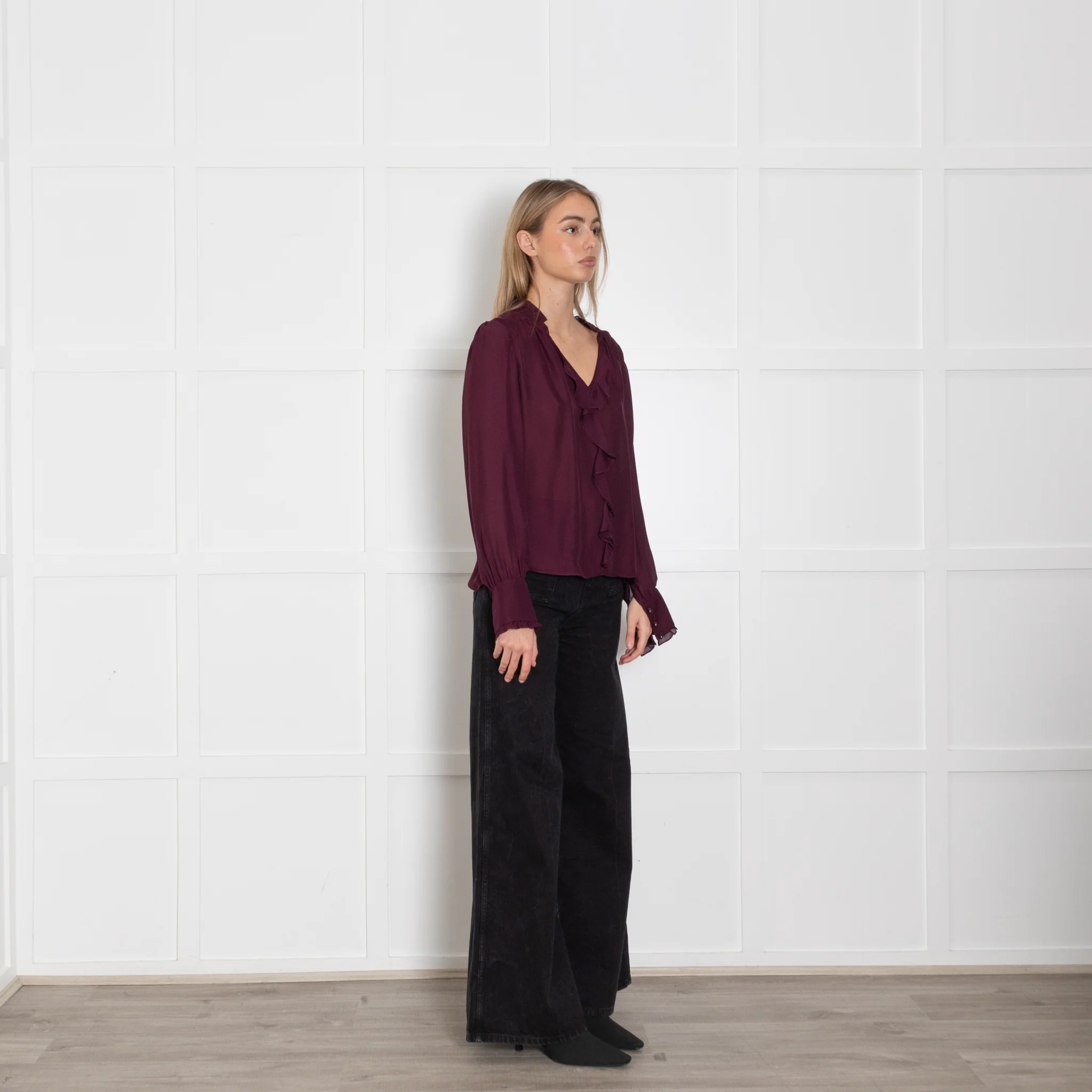 Parker Aubergine Purple Silk Blend Ruffle Detail Blouse - Image 7