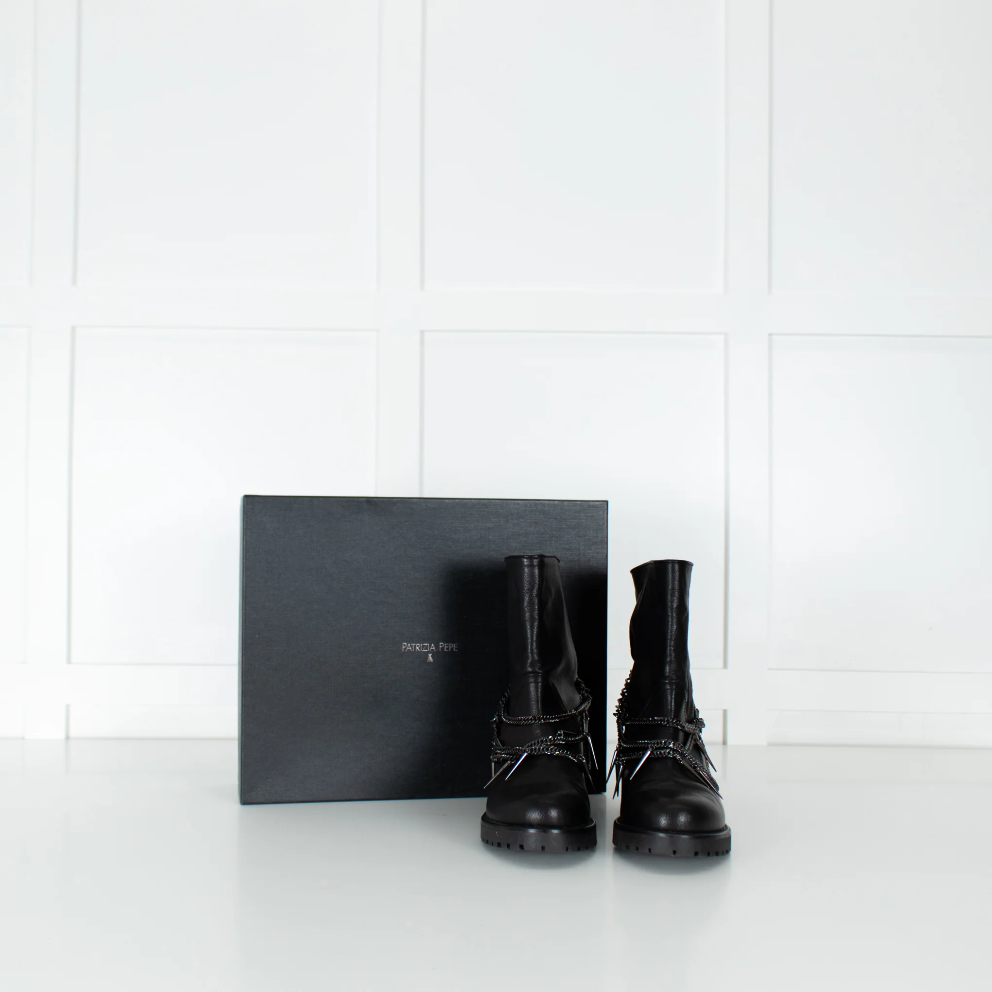 Patrizia Pepe Black Chain Wrap Ankle Biker Boots - Image 3