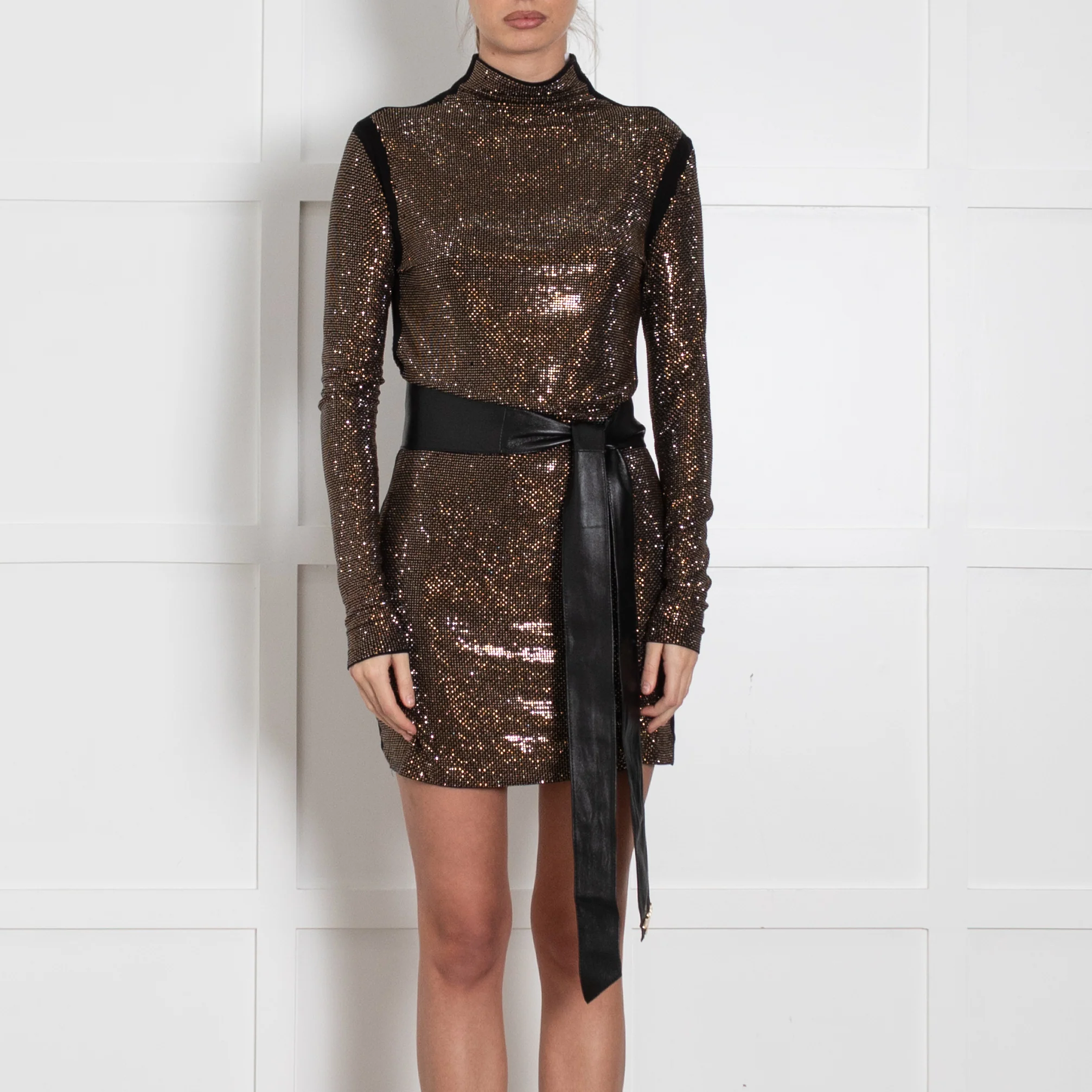 Patrizia Pepe Gold Rhinestone Dress With Belt - Image 2
